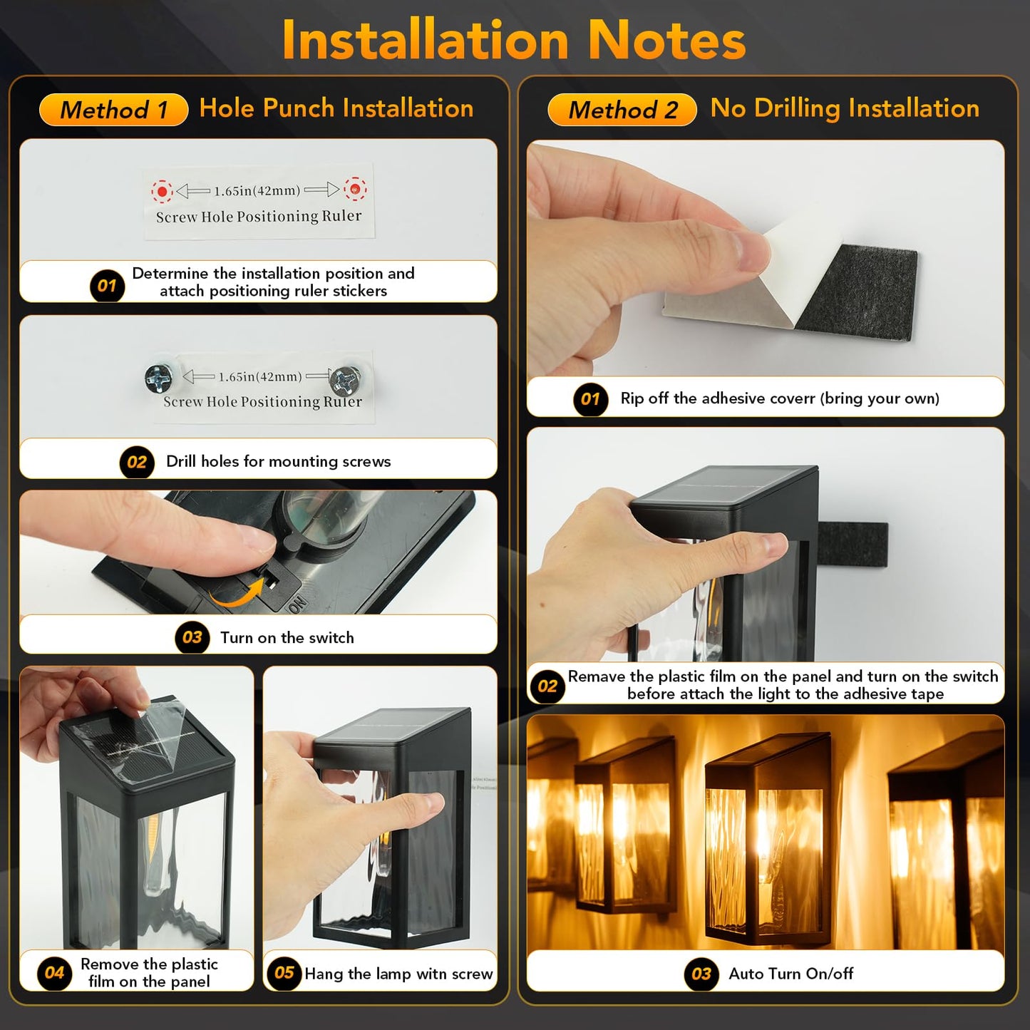 Solar Wall Light Outdoor, 4 Pack Solar Fence Lights with Auto On/Off, Waterproof, Dusk to Dawn Porch Lights Fixture for Wall Patio Porch Hallway Stairs Backyard Entryway Front Door, Warm White