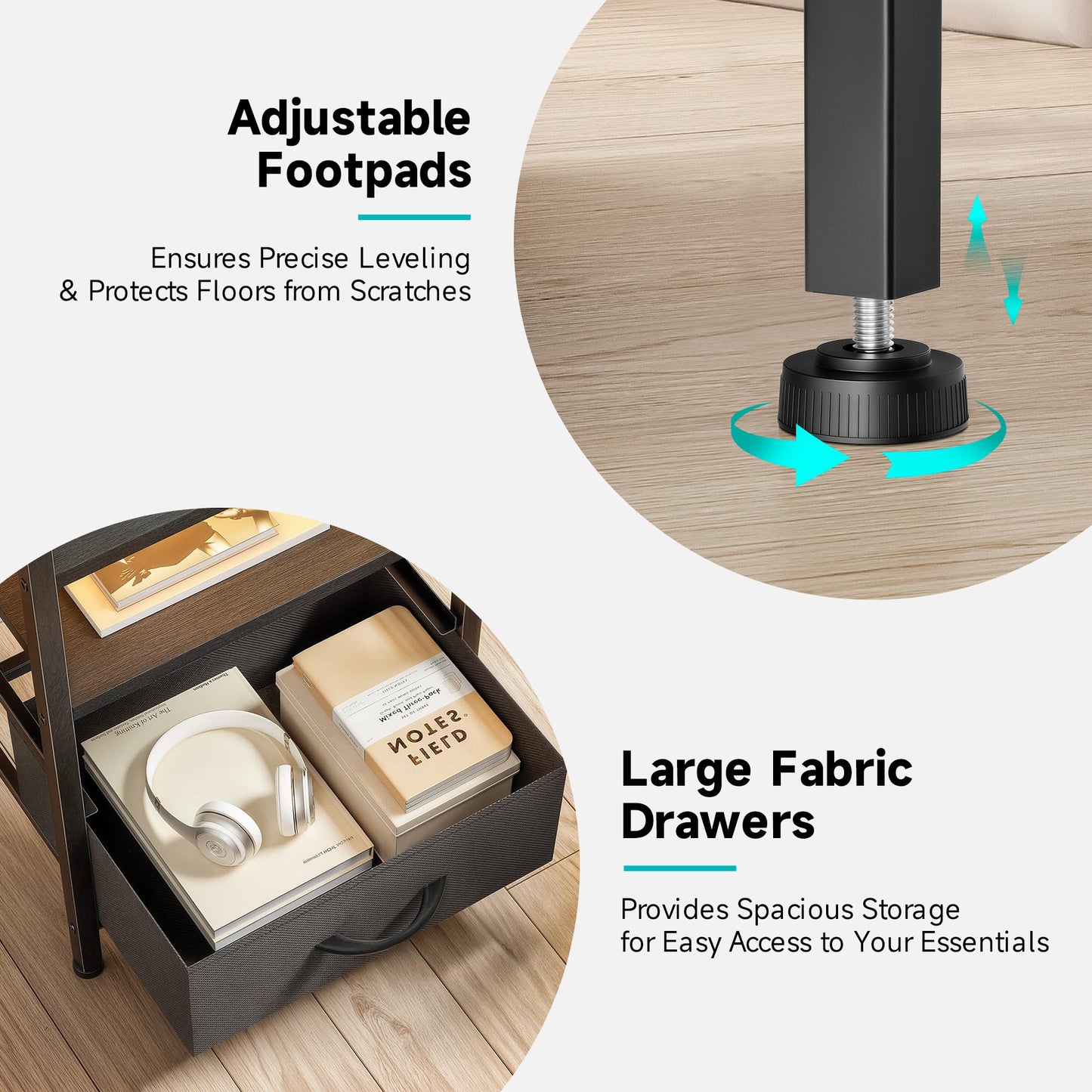 Night Stand Bedside Table Bedroom - Nightstand with Charging Station & LED Light Strip, Bed Side Table with Storage Shelf for Bedroom, End Table with U-S-B Ports & AC Outlets (Black, 2 Fabric Drawers)