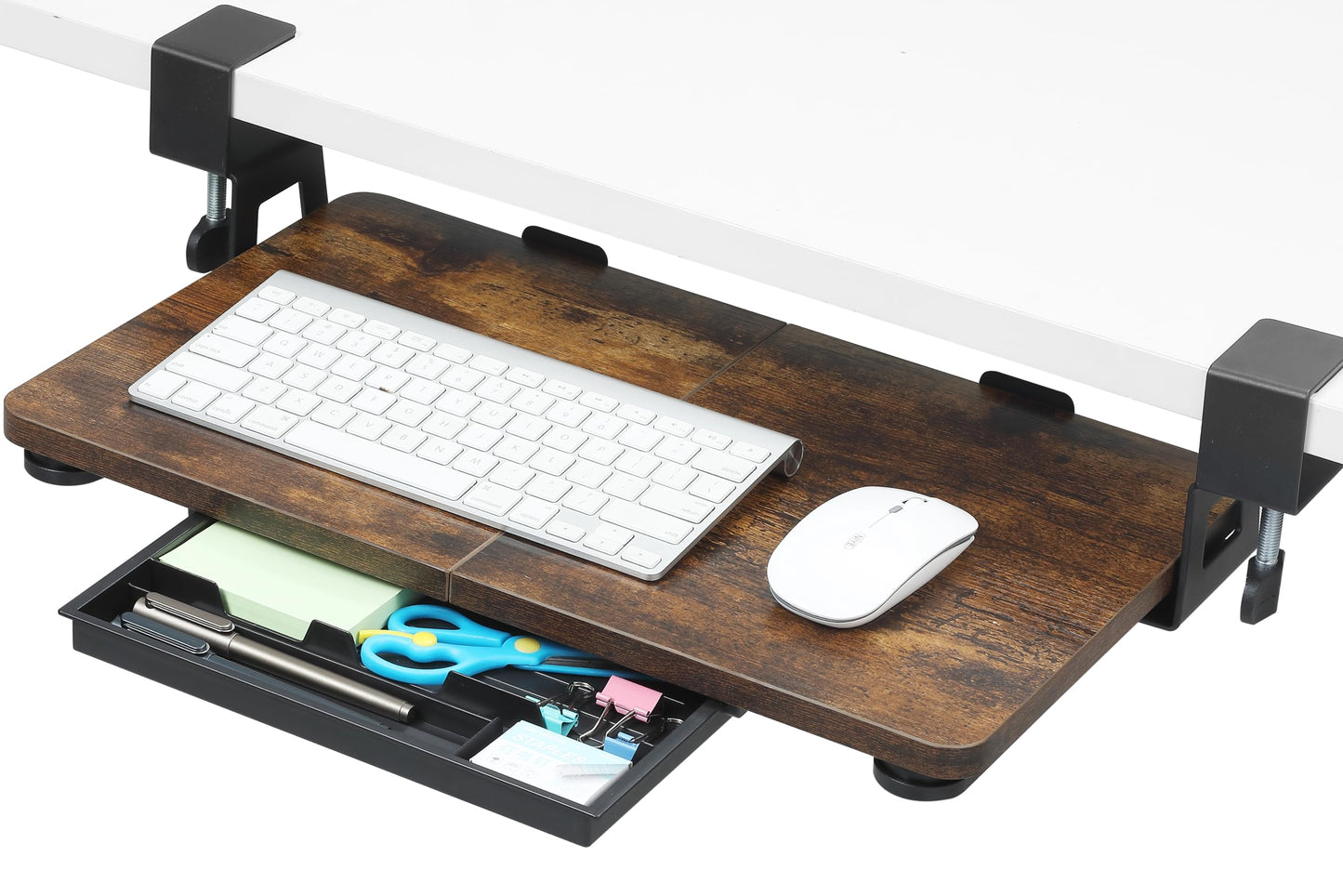 ETHU Small Keyboard Tray Under Desk 19.7" X 11.81" Small Size Keyboard Drawer with C Clamp-on Mount Easy to Install, Pull Out Sliding Computer Keyboard Stand (Walnut)