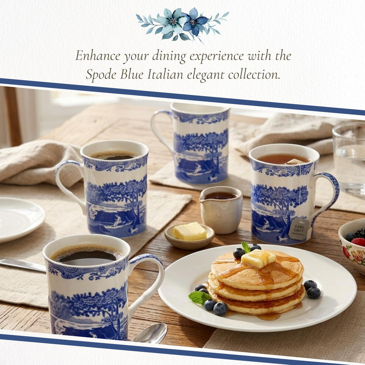 Spode Blue Italian Large Mugs | Set of 4 | 340ml / 12-Ounces | Cup for Coffee, Tea, and Other Beverages | Blue/White | Made of Porcelain | Dishwasher Safe