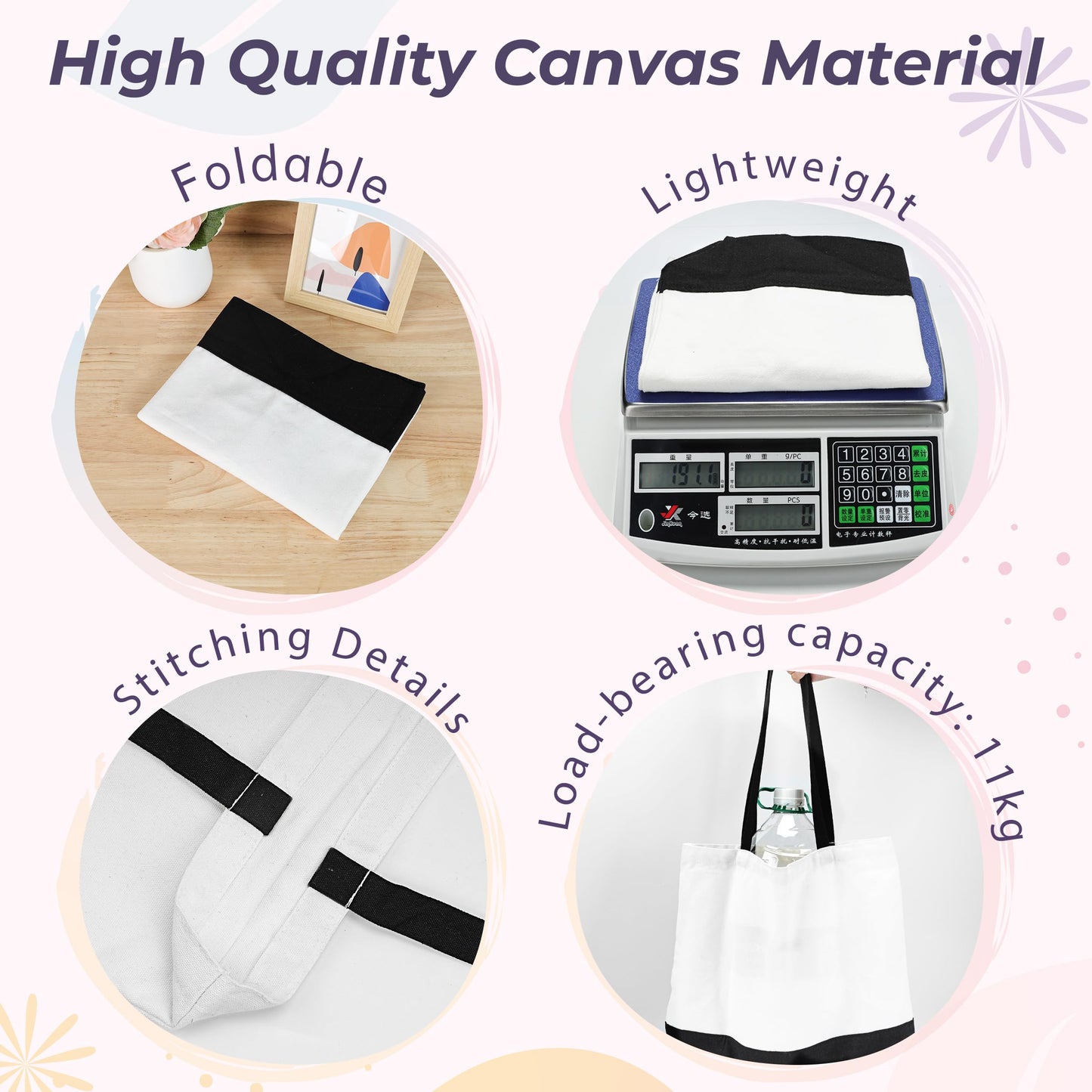 Joyclub 10 Pack Large Canvas Tote Bags Bulk Sublimation Blanks with Long Handle 18.5 x 15 x 4 inch Heavy Duty Totes Polyester Bags Wide Reusable Grocery for DIY Decorating Crafting Painting Shopping