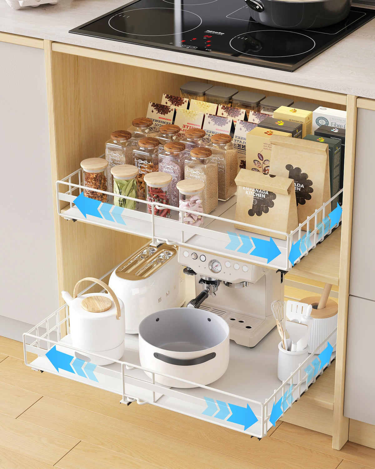 UMDONX 2 Pack Expandable Pull Out Cabinet Organizer Drawers Kitchen Cupboard Storage, No Drill Sliding Rack Adhesive Pantry Shelf (Durable Metal White Load 65LBS)
