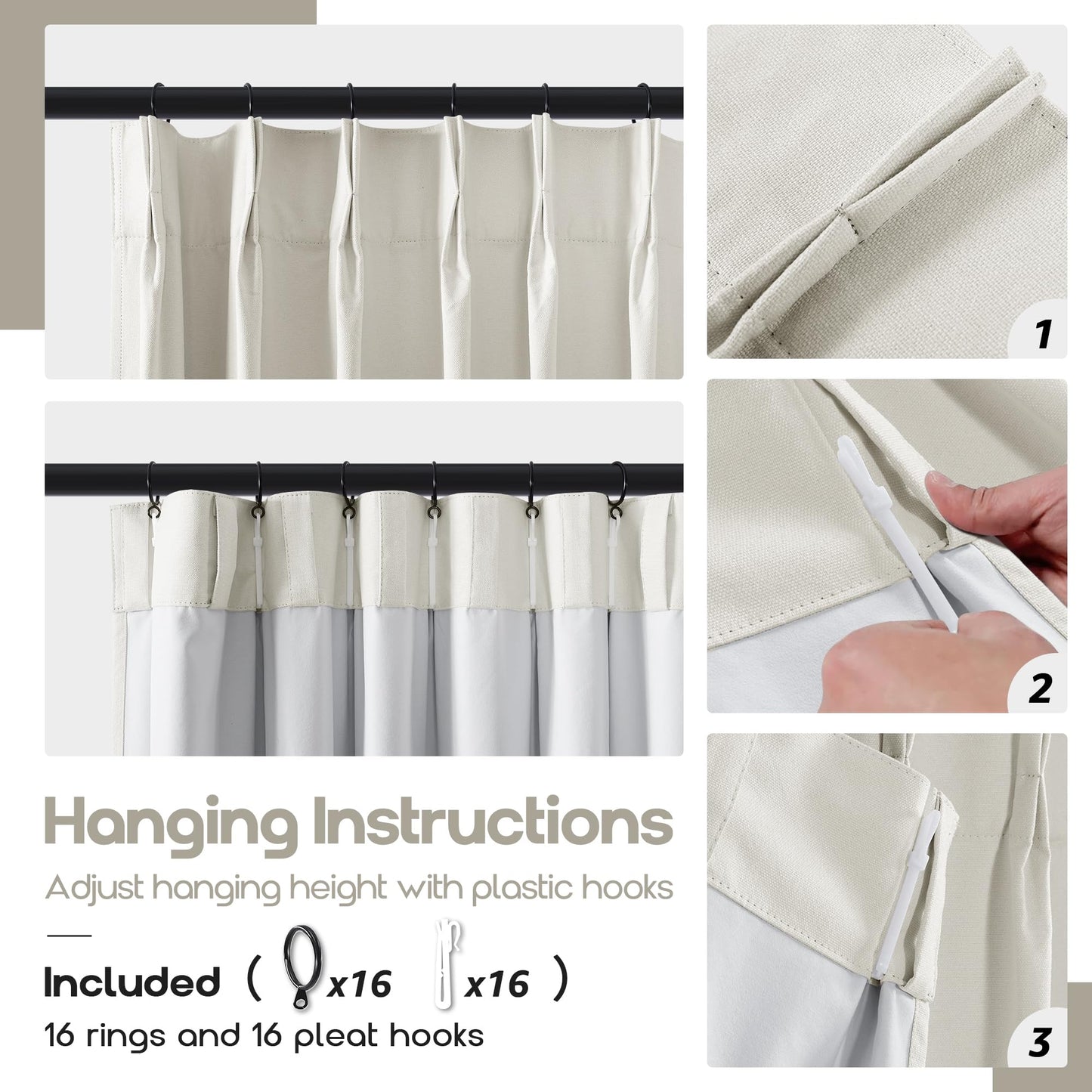 96 Inch Long Pinch Pleated Blackout Curtains for Bedroom,Linen Black Out Dark Rideaux Opaques 2 Panneaux