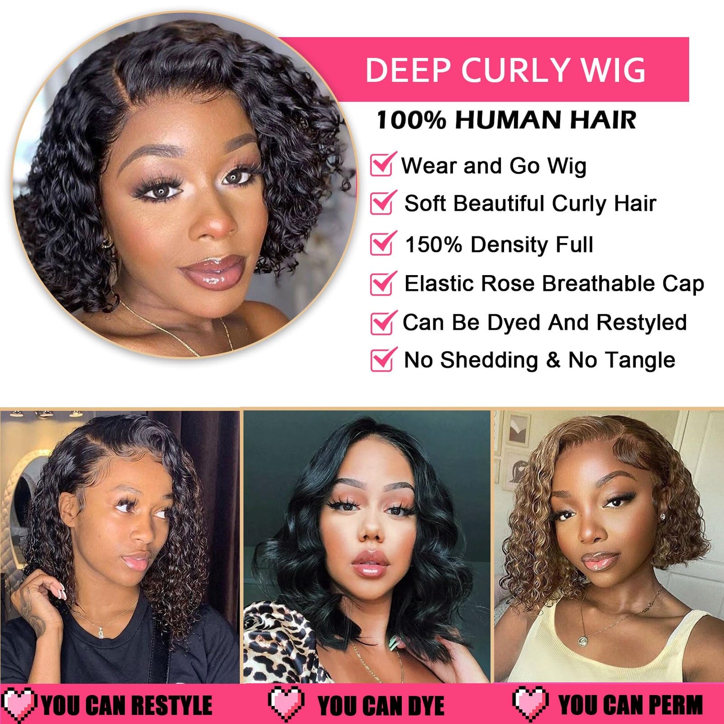 ManeMajesty Short Curly Wigs for Black Women Right Side Parting Lace Closure Wigs Human Hair Bob Deep Curly Wear and Go Glueless Wig 10A Deep Wave Wigs Natural Color 12 Inch