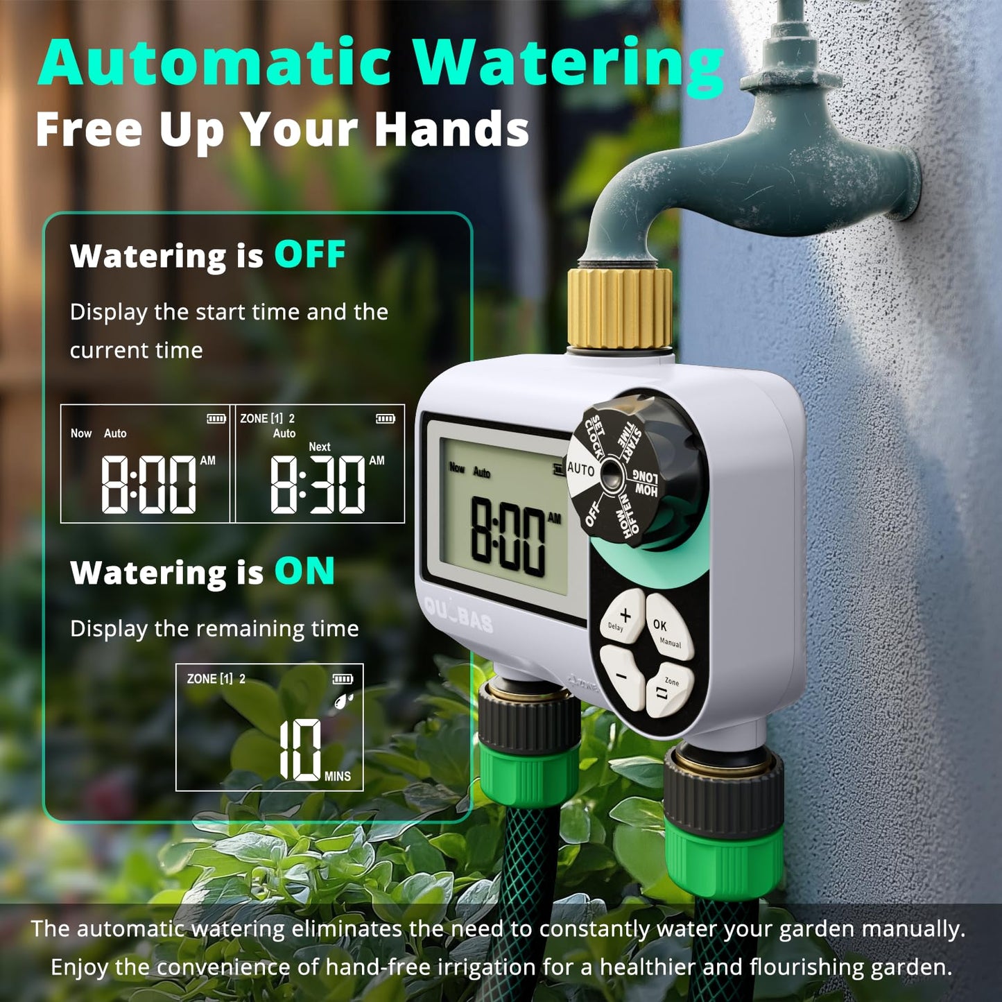QUOBAS 2 Zone Sprinkler Timer, Programmable Hose Timer with Brass Inlet & Outlet, Water Timer for Garden Hose with Rain Delay/Manual Watering/Automatic Irrigation Controller System for Yard, Lawn