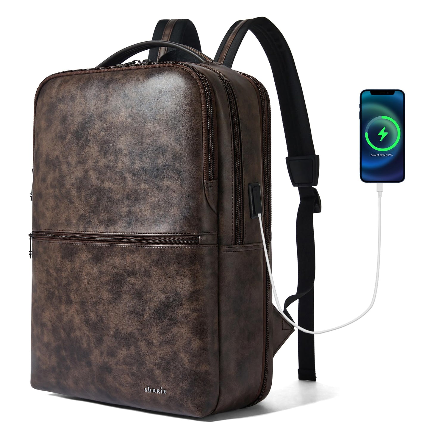 Vegan Leather Laptop Backpack for Women&Men,16 Inch Expandable Backpack with USB Charging Port,Two-toned Coffee