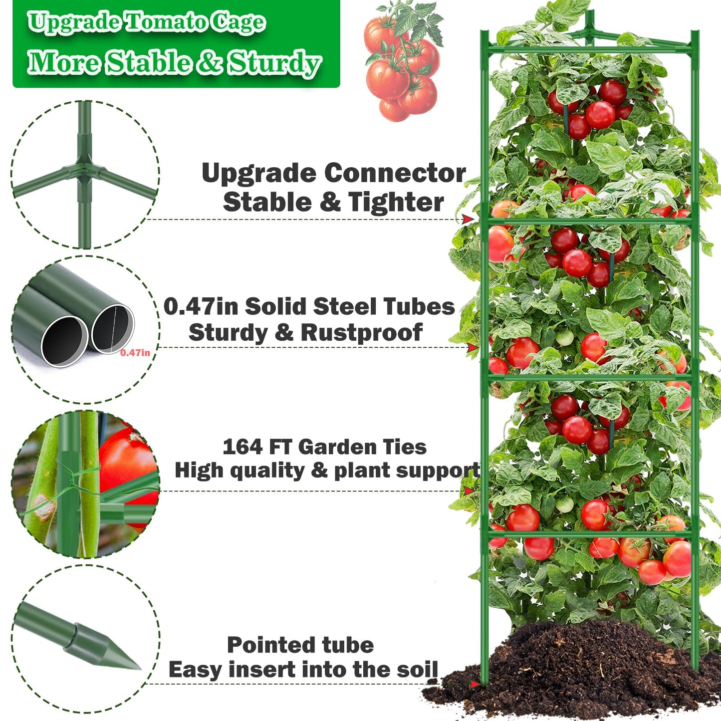 Tomato Cages for Garden 3 Packs - Heavy Duty Steel Tomatoes Cage Tall Up to 68in & 164Ft Twist Tie, Tomato Plant Stakes Support Cages Trellis for Pots Garden Vegetable Climbing Plants Outdoor