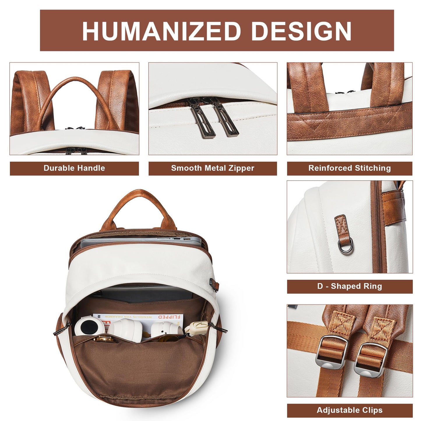 TIAMYI Computer Backpack for Women Soft Vegan Leather Back pack with 16.0 inch Laptop Compartment, Designer Ladies Travel Backpack, Beige