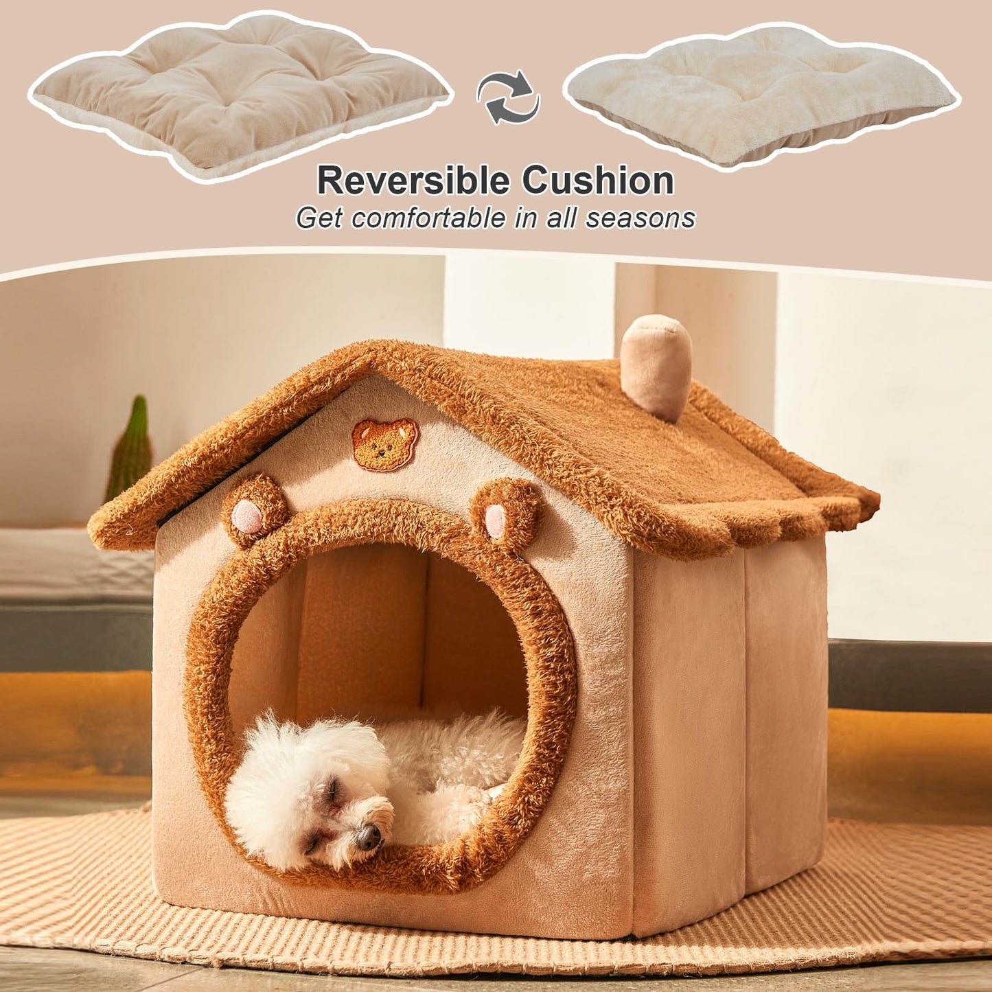 JIUPETY Cute Small Dog House Indoor, Foldable House Kennel Bed Mat with Cushion, L Size Tent Up to 25 Lbs, Dog Cave Bed with Non-Slip Bottom, Brown
