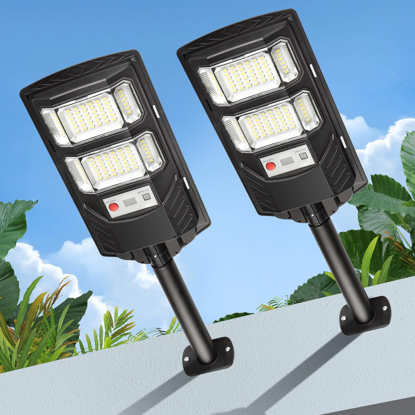 Solar Flood Lights Outdoor 2 Pack Waterproof Dusk to Dawn Solar Powered Street Lights Motion Sensor Wide Angle Security Wall Mount Lamp Remote Control for Backyard Parking Path
