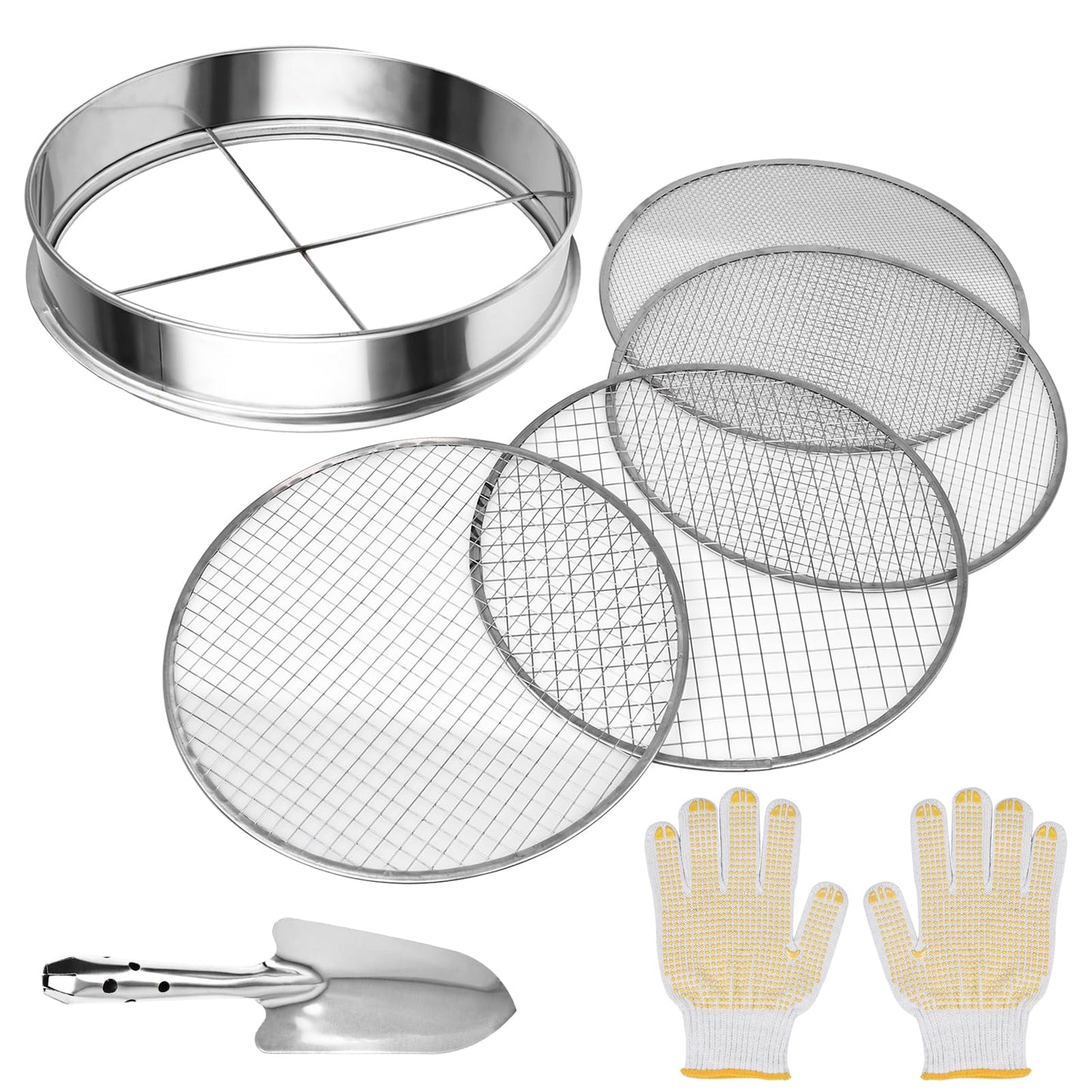 YaeCCC Garden Potting Mesh Sieve, Stainless Steel Soil Sieve Set Mix Soil Filter with 4 Interchangeable Mesh Sizes (3, 6, 9, 12mm)