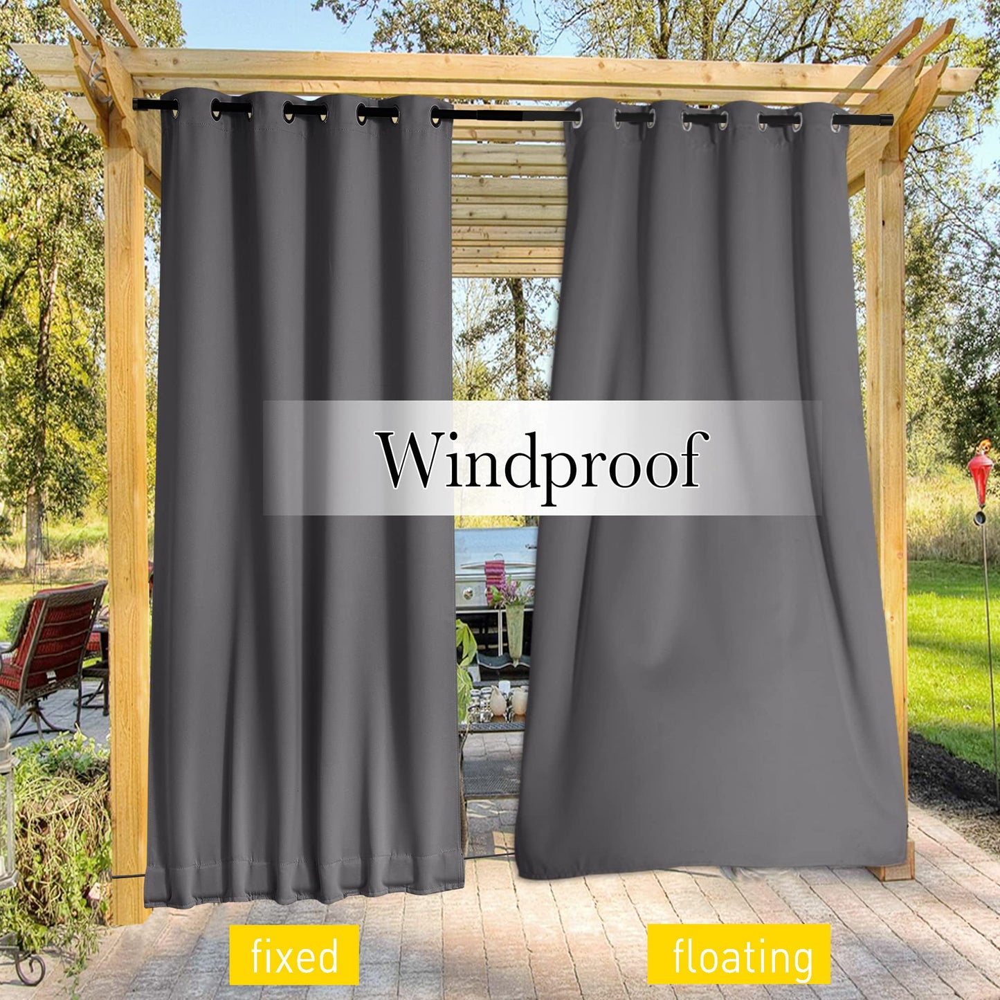 NICETOWN Grey Gazebo Curtains Waterproof,Top & Bottom Grommet & Back Tab Windproof Weighted Blackout Outdoor Drapes Keep Privacy with Fixed Rope 2 Panels for Porch/Patio/Pergola/Cabana,84 x 84 Inches