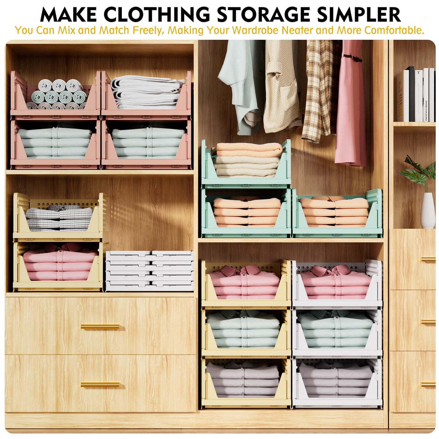 SNSLXH 5 Pack White Stackable Closet Organizer Box, Multifunctional & Foldable Storage Basket for Bathroom, Kitchen, Laundry Room, Wardrobe, Space-Saving Clothes Storage Drawer Organizer