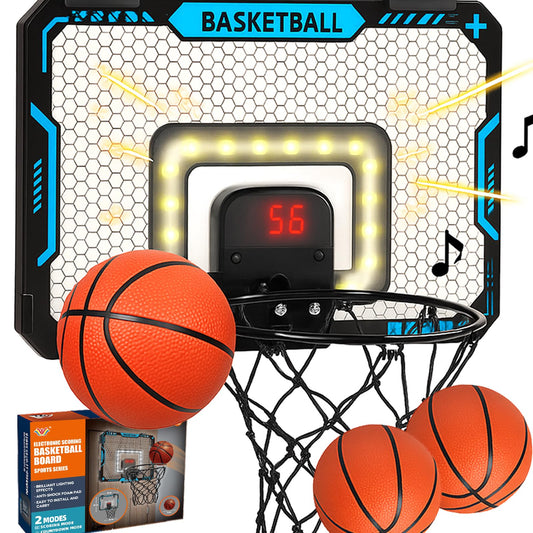 BATURU Indoor Mini Basketball Hoop with Interactive LED Lighting & Electronic Scoreboard, Over The Door Basket Ball Hoops with 3 Balls and Pump, Sports Toys Gifts for Boys 5-12 Kids, Teens