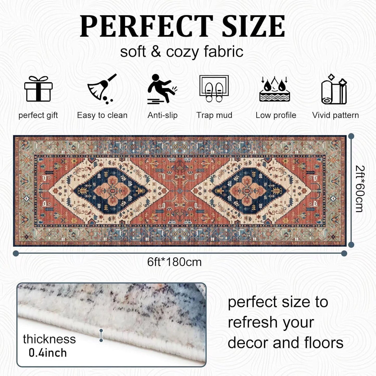Grosrues Hallway Runner Rug 2'x10' - Washable Non-Slip Entryway Rug, Water Absorbent Indoor Carpet Mat for Kitchen, Laundry, Bedroom & Entrance Areas