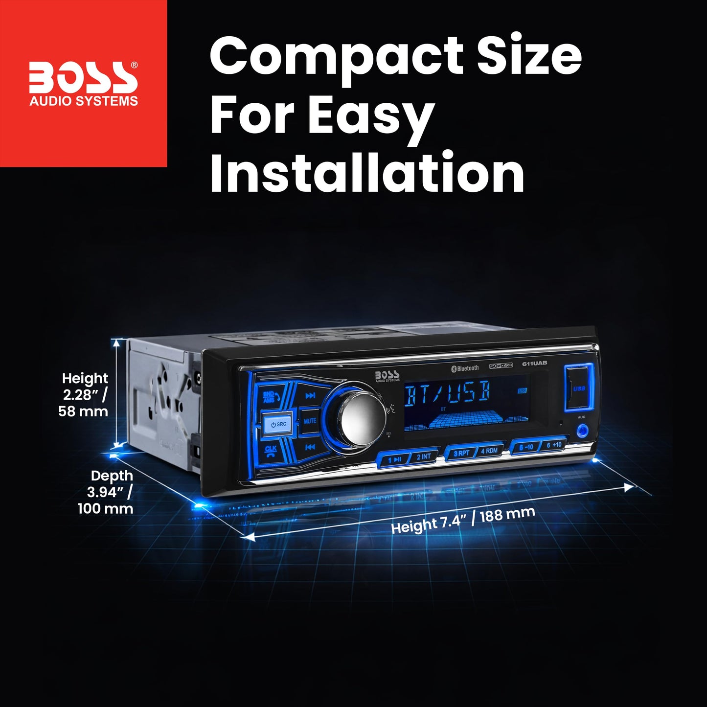 BOSS Audio Systems 611UAB Car Stereo - Single Din, Bluetooth, No CD DVD Player, AM/FM Radio Receiver, Aux Input, USB
