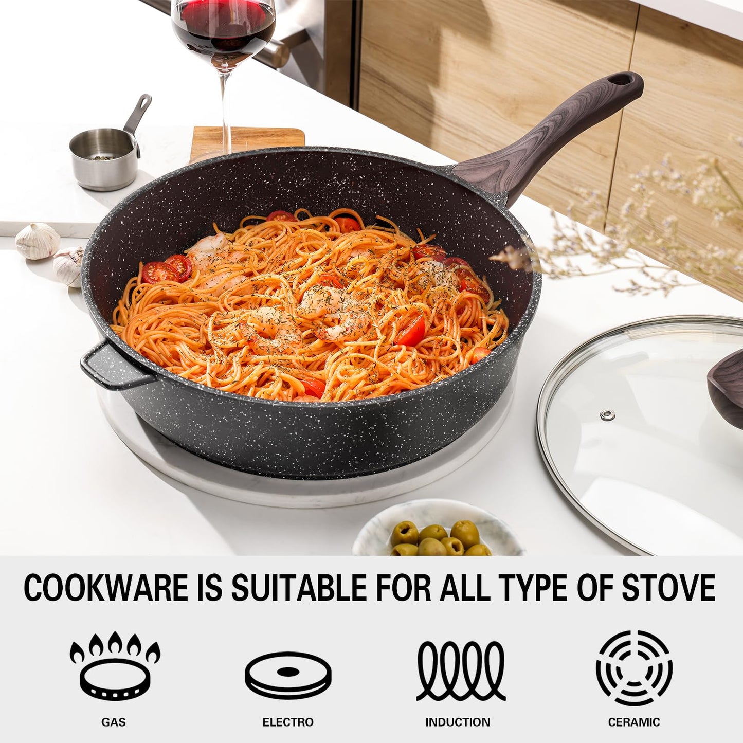 Kordisen Nonstick Deep Frying Pan with Lid, 12 Inch Large Skillet, Granite Stone Saute Pan for Cooking, Chefs Pan, Induction Cookware, Compatible with All Stovetops, PFOA Free