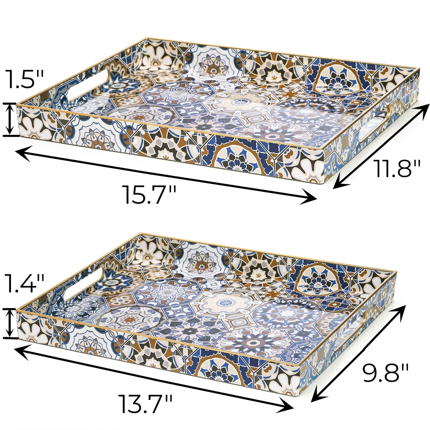 Hiceeden Set of 2 Decorative Serving Trays with Handles, Boho Tea Trays Ottoman Trays for Serving, Modern Plastic Coffee Table Tray for Living Room, Bathroom, Rectangle, Blue