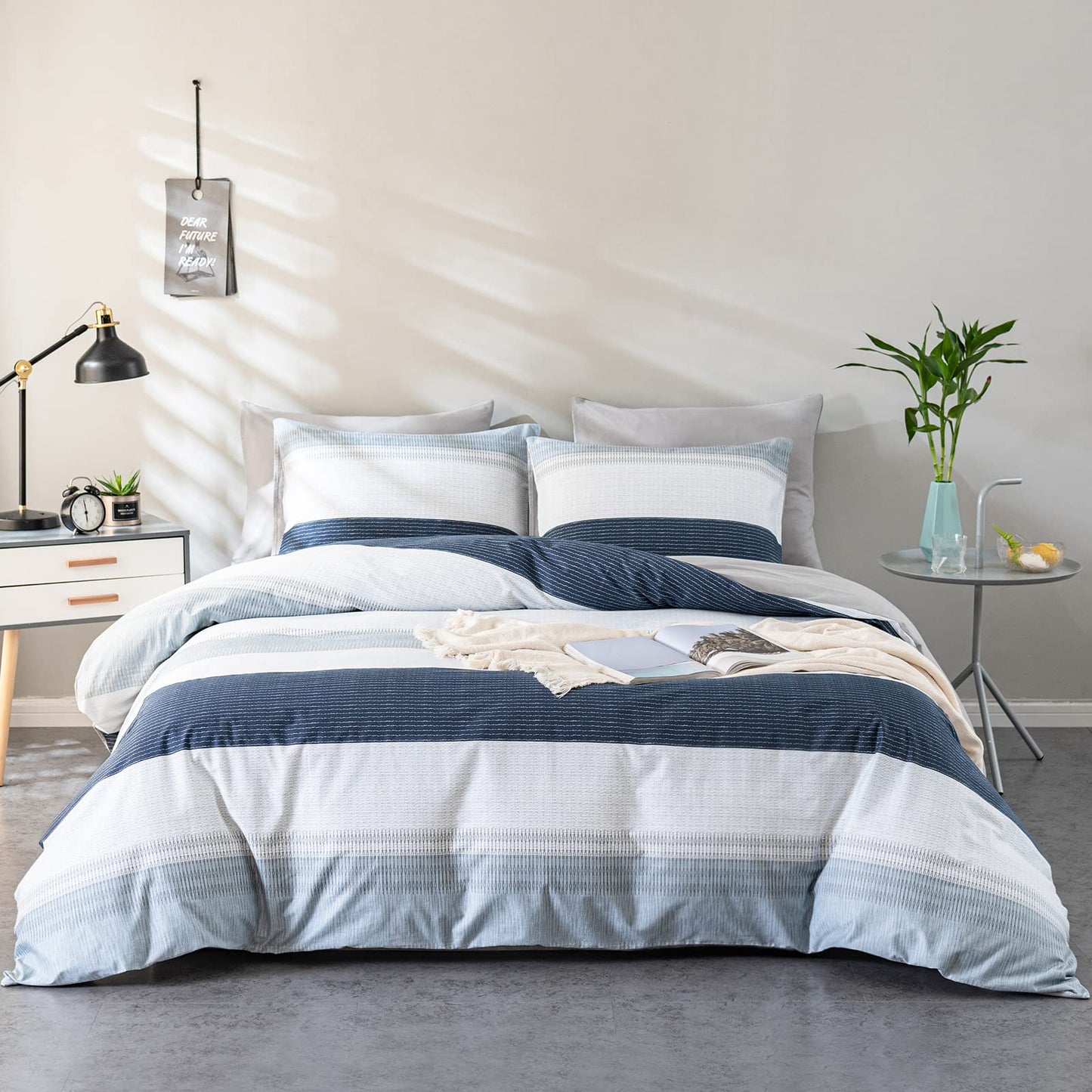WARMDERN Boho Striped Duvet Cover Set Queen Size Cotton White Grey Bedding Set 3 Piece Ultra Soft Geometric Stripes Duvet Cover with Zipper Closure & Corner Ties 2 Pillowcase(Blue Queen)