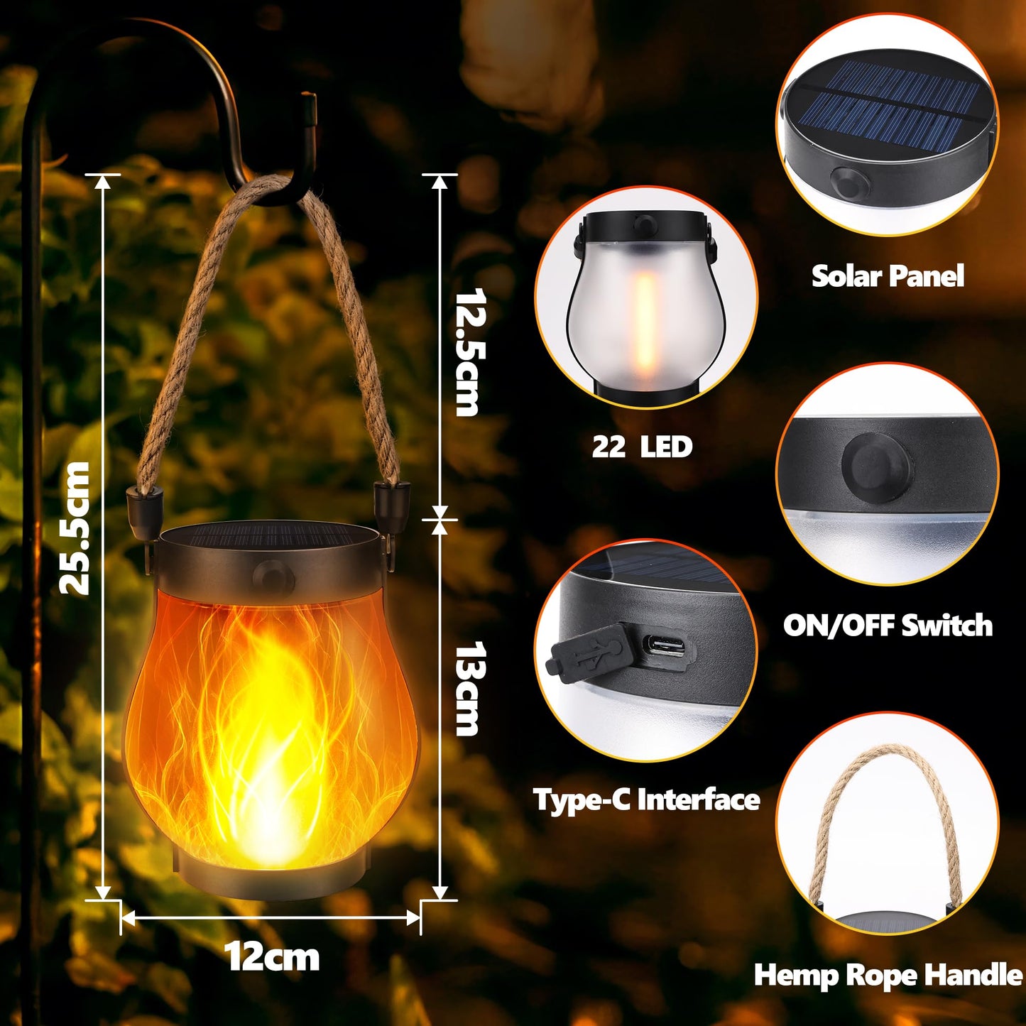 Jyoiat Outdoor Solar Lantern Lights - 2 Pack Solar Flame Hanging Patio Lights Garden Lights with USB Dual Mode Front Porch Lamps Wall Mount Patio Garage Decorative