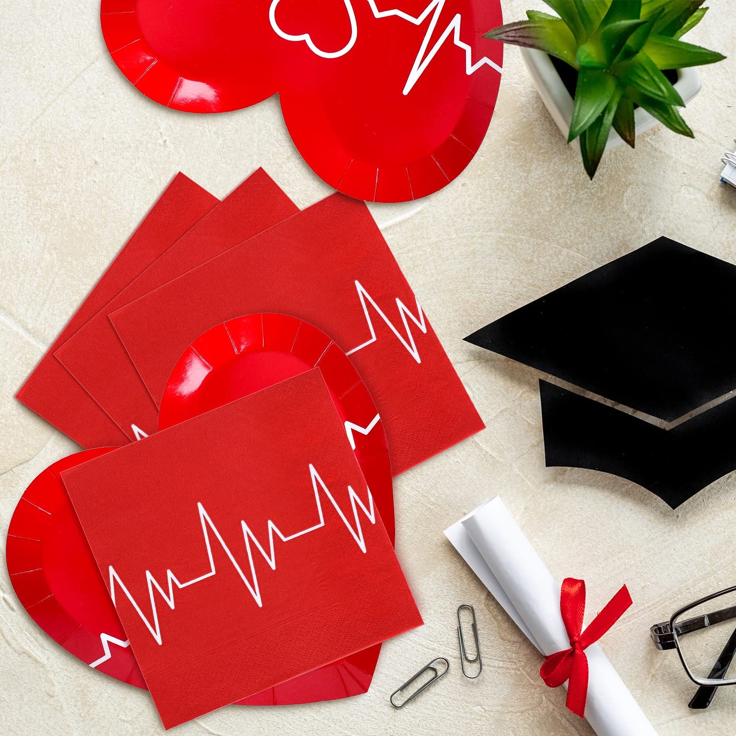 Whaline 80Pcs 2025 Nurse Graduation Tableware Set Red Heart Rate Prints Disposable Dinnerware Set 40Pcs Heart Shape Paper Plates 40Pcs Lunch Napkins for Doctor Nurse Graduation Party Supplies