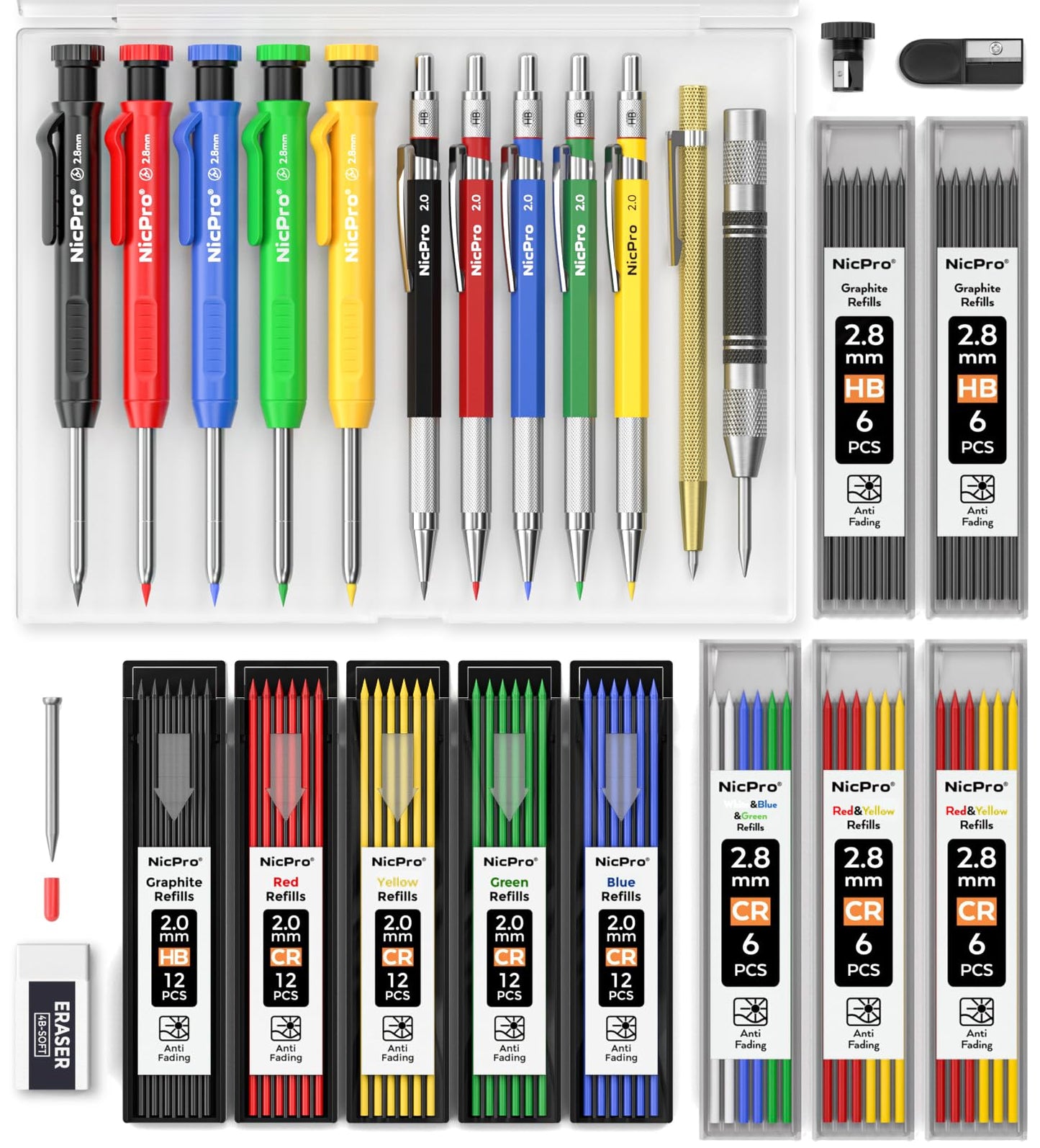 Nicpro 27 Pack Carpenter Pencil Set with Sharpener, Mechanical Carpenter Pencils with 100 Refill, Automatic Center Punch and Carbide Scribe Tool, Heavy Duty Construction Pencil for Architect-With Case