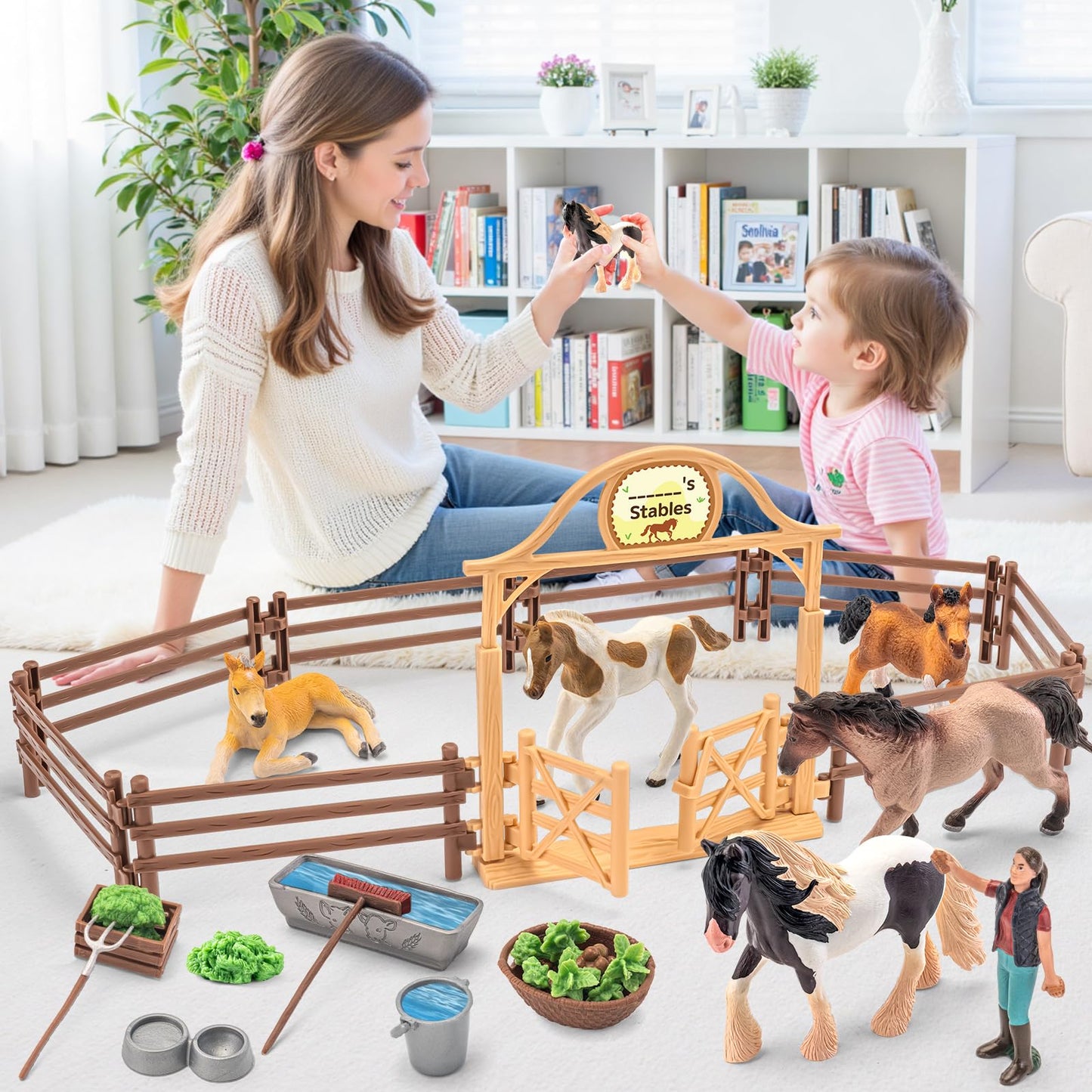 THINKBAY 35 PCS Horses Toys Set for Kids, Solid Realistic Horse Stable Playset Barn Toys for Girls, Ideal Birthday Farm Animals Gift for Toddlers