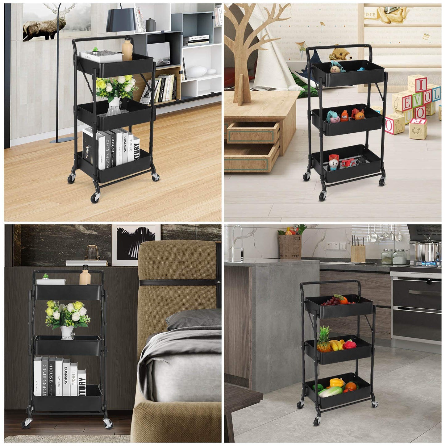 johgee Foldable 3 Tier Metal Utility Rolling Cart, Folding Mobile Multi-Function Storage Trolley Organizer Cart for Home Library Office(Black)