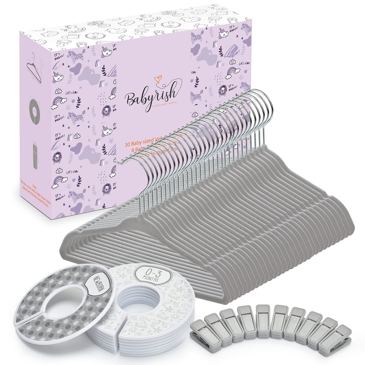 Babyrish Velvet Baby Hangers 30 Pack, Ultra Thin Nonslip Nursery Clothes Hangers (Grey)