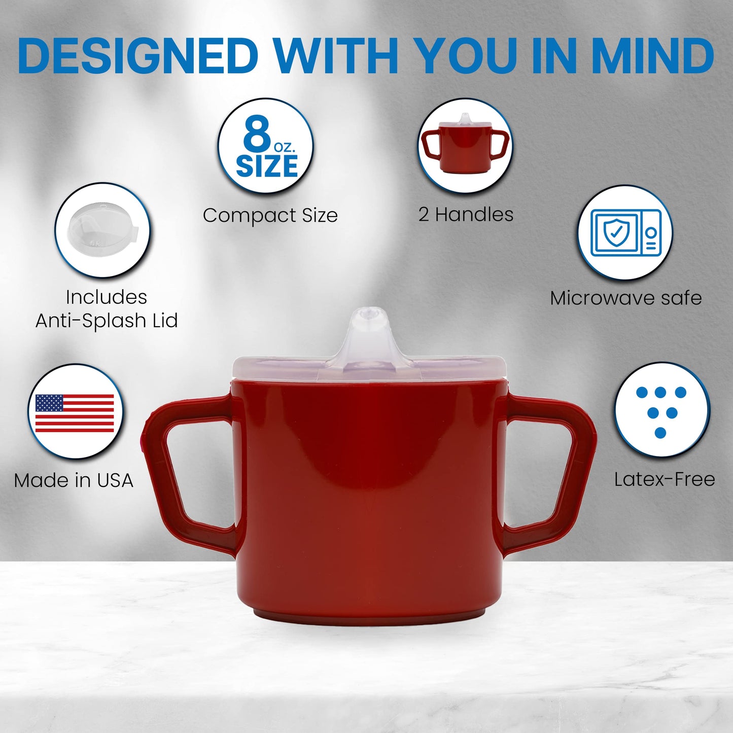 Providence Spillproof Compact 8oz Adult Sippy Cup with 2 Handles - Sip Cups for Adults for Limited Mobility - Handicapped Accessories - Handicap Cups for Elderly Care - Made in the USA - Red - 6