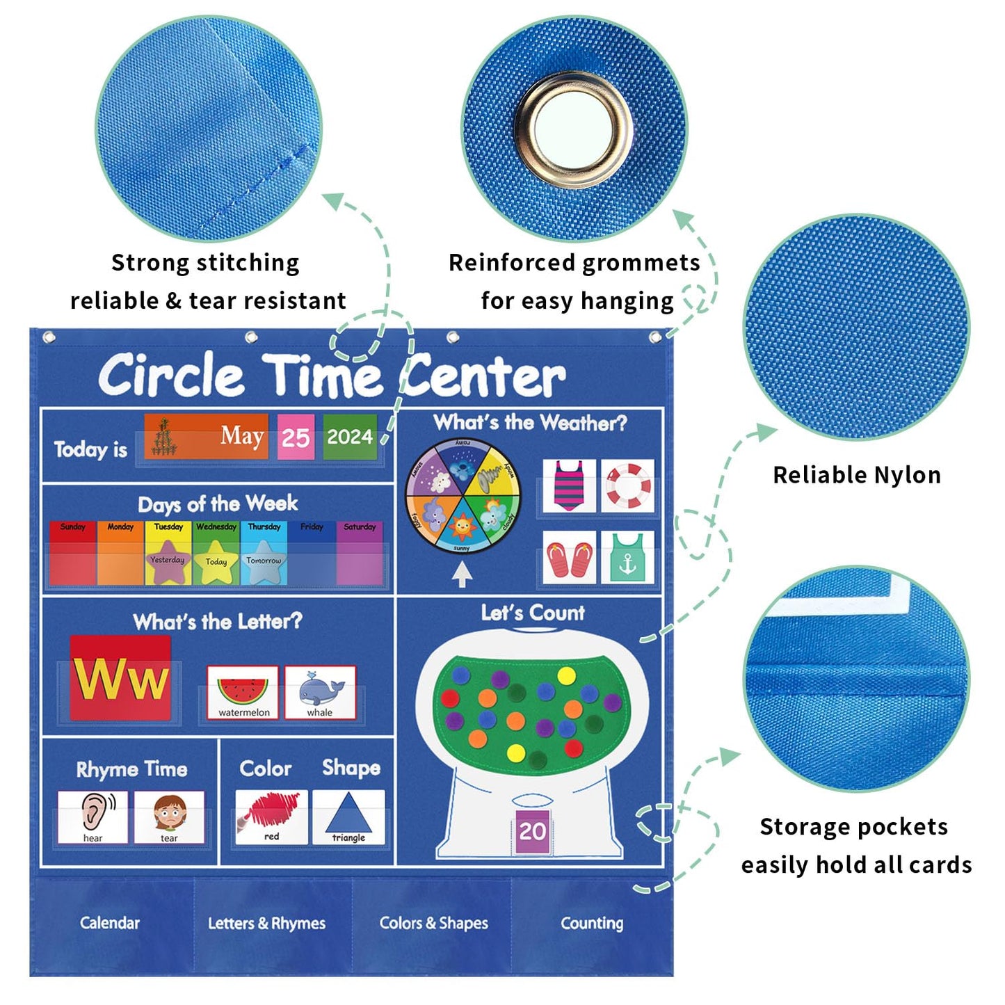 Circle Time Learning Center Pocket Chart, Kids Calendar for Classroom, Educational Pocket Chart Learning Calendar Weather Letter Counting Rhyme Color Shape
