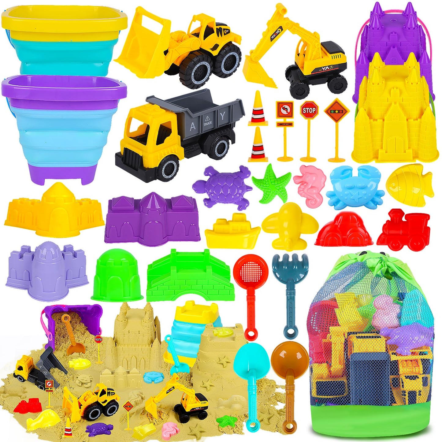 Beach Sand Toys for Kids - 31Pcs Sandbox Toy Set with 3 Trucks, 2 Collapsible Buckets, 2 Castle Buckets, Sand Molds, Shovels & Mesh Bag, Travel Summer Toy for Toddlers Boys Girls Age 3-10
