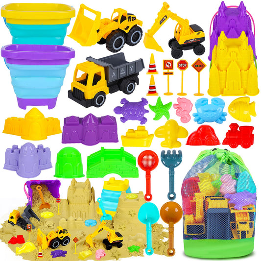 Beach Sand Toys for Kids - 31Pcs Sandbox Toy Set with 3 Trucks, 2 Collapsible Buckets, 2 Castle Buckets, Sand Molds, Shovels & Mesh Bag, Travel Summer Toy for Toddlers Boys Girls Age 3-10