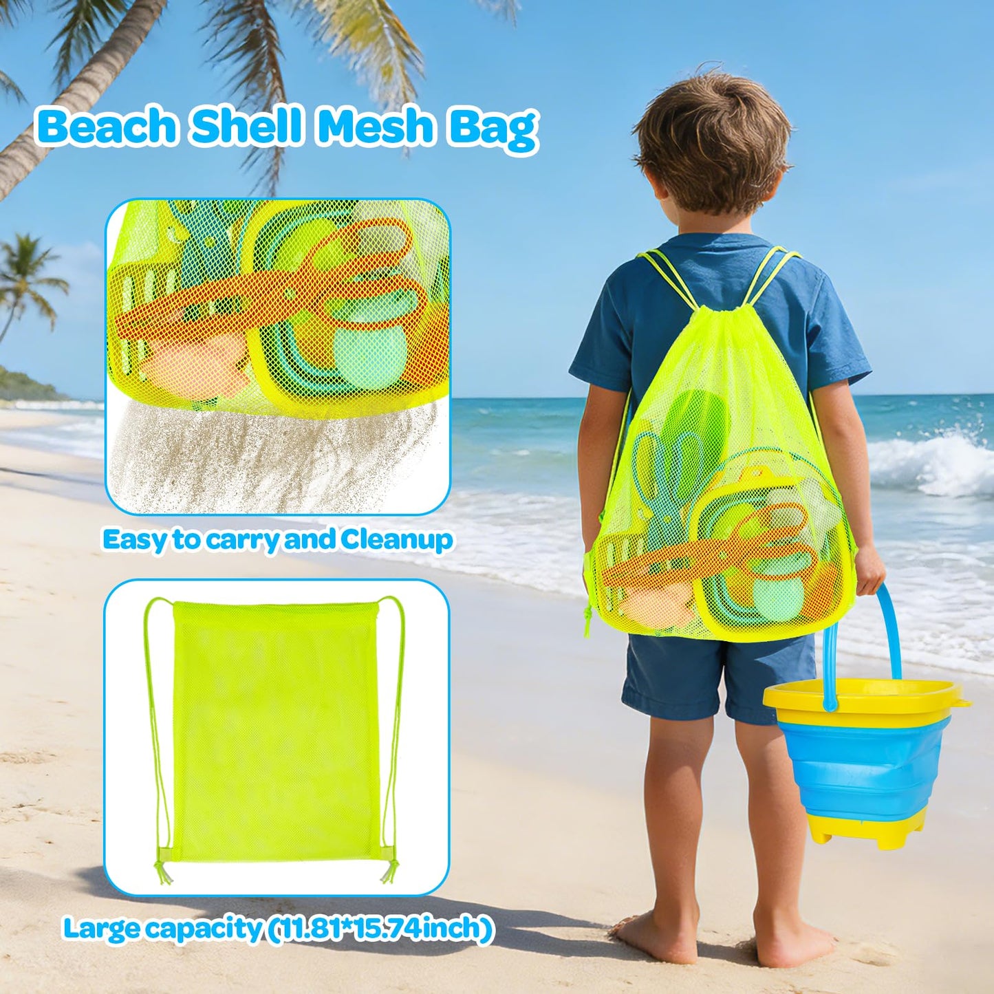 Beach Sand Toys for Kids with Collapsible Silicone Buckets Sand Molds Shovels Sand Tool Sifters for Underwater Treasure Hunting, Mesh Bag Travel Essential Outdoor Sandbox Toy for Toddler 3 4 5 6