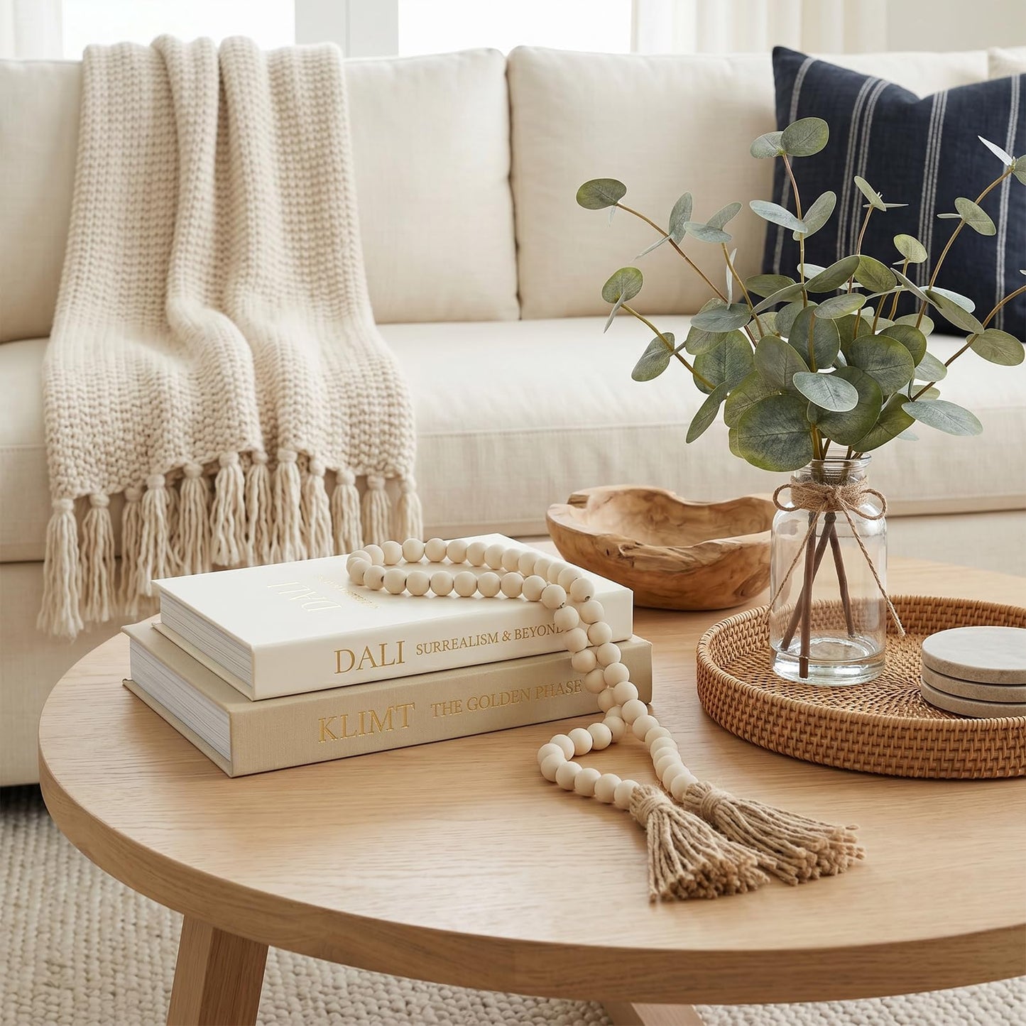 Fveuc 3-Piece Decorative Books for Home Decor with Wood Bead Garland - Stackable Linen Faux Book Box for Coffee Table Styling, Real Fabric Cover Fake Books with Tassel as Display Riser for Shelf