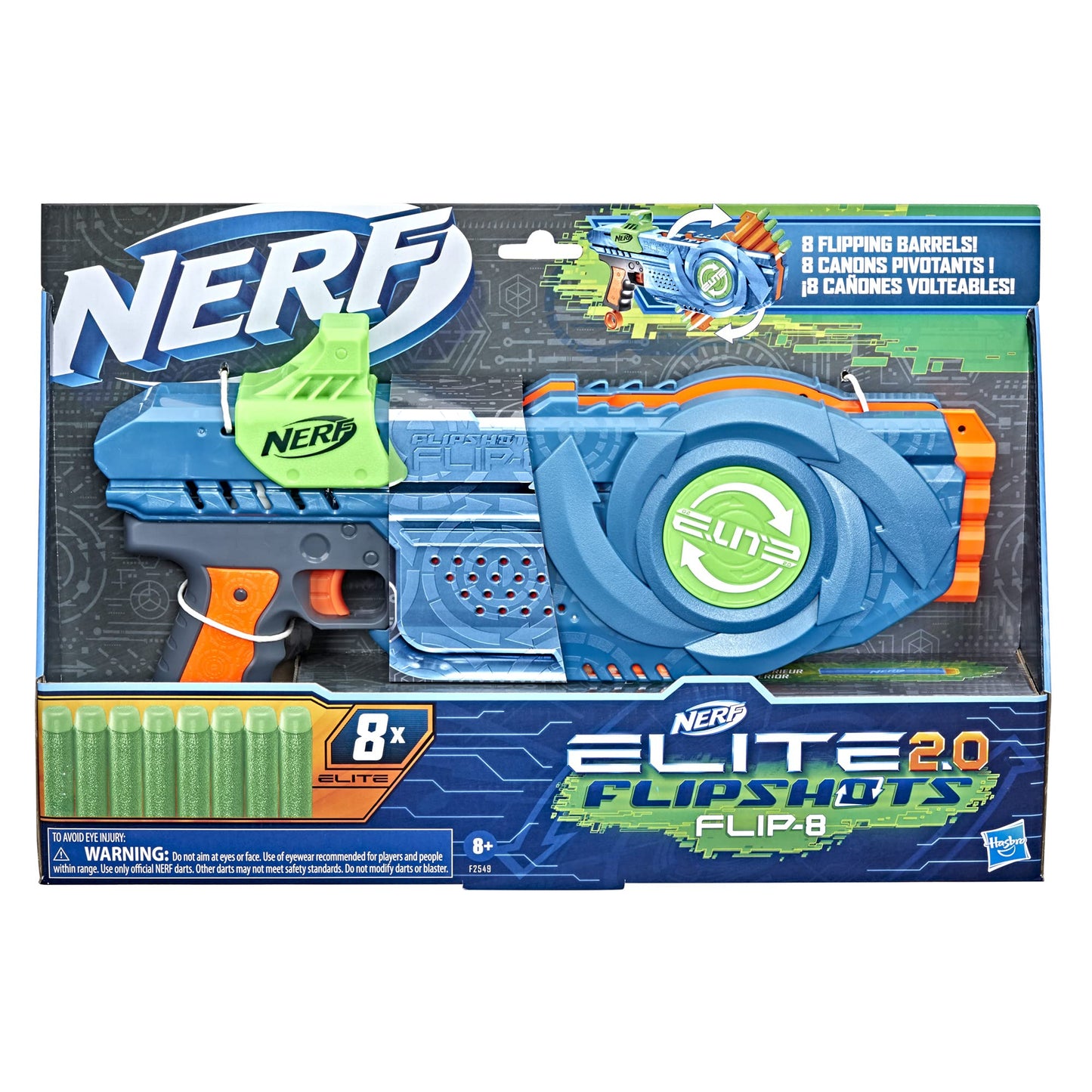 NERF Elite 2.0 Flipshots Flip-8 Blaster, Rotating Dart Barrels, 8-Dart Capacity, 8 Elite Darts, Toy Foam Blasters, Kids Outdoor Games & Toys for Boys & Girls, Blue