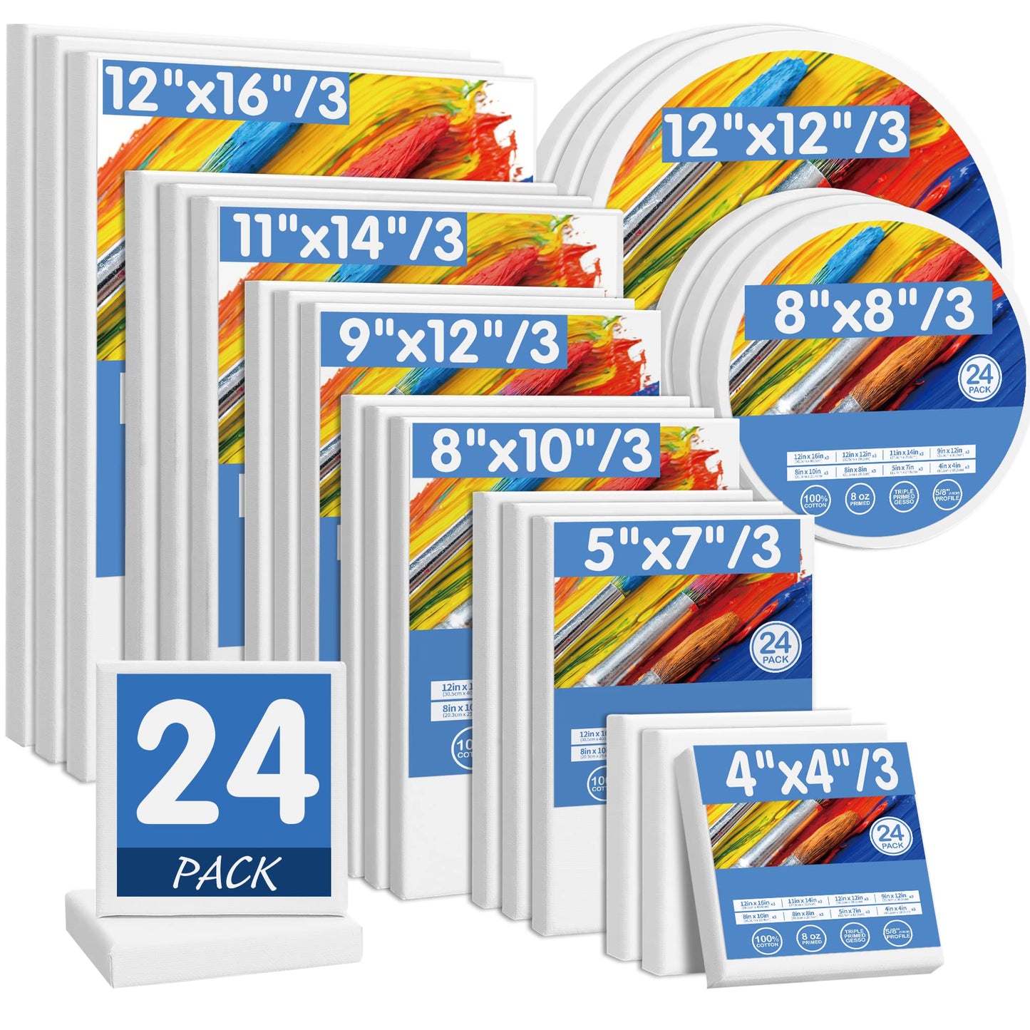 FIXSMITH 24 Pack Canvas for Painting, Multi Pack - 4x4", 5x7", 8x10", 9x12", 11x14", 12x16", Round Canvas 12x12", 8x8" (3 of Each), 100% Cotton, Primed Canvases for Acrylic, Oil, Wet or Dry Art Media