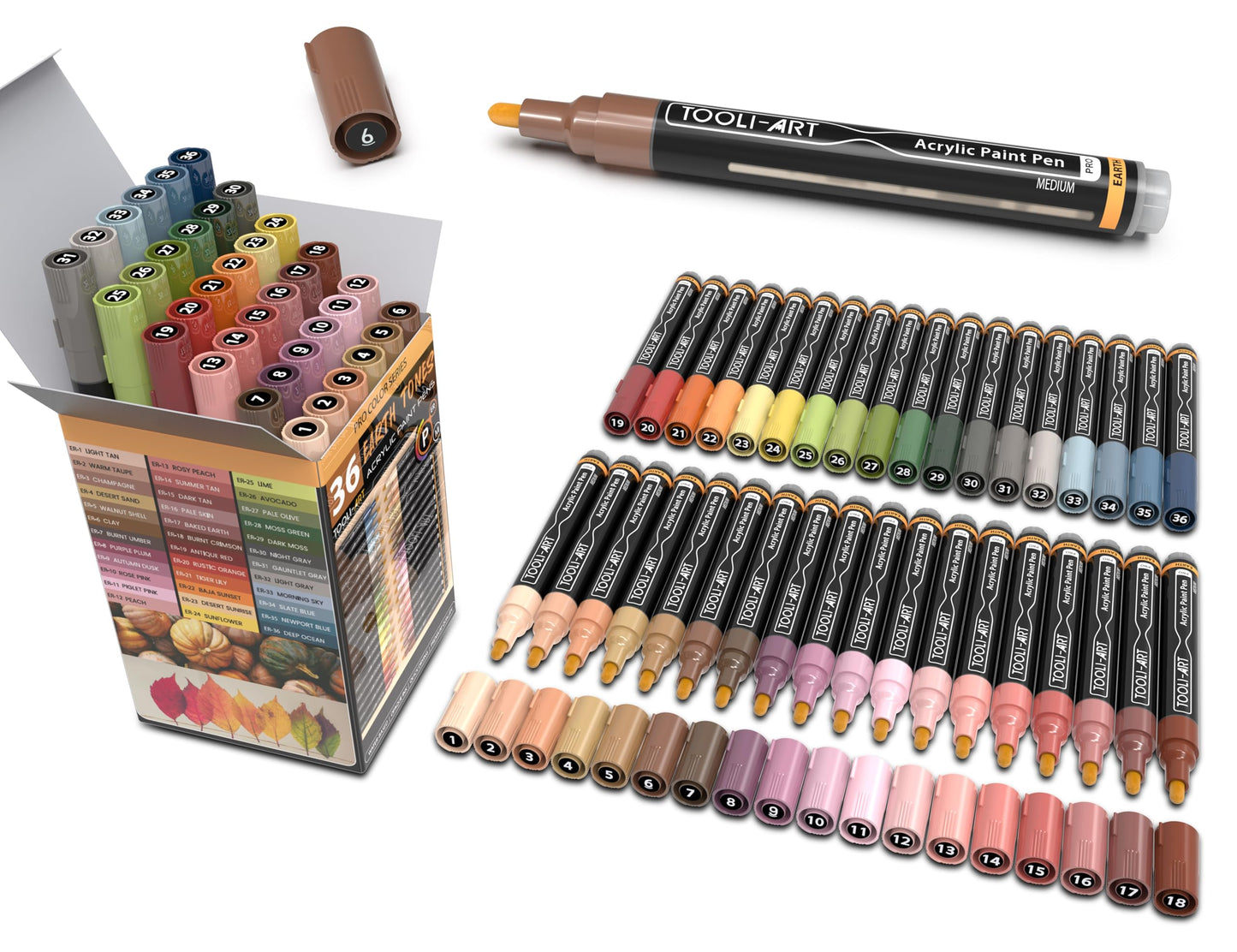 36 Acrylic Paint Pens Skin and Natural Earth Tone Marker Set For Rock Painting, Canvas, Mugs, Glass, Plastic, Wood, Metal, Fabric, Scrapbooking, Most Surfaces. Quick Drying Waterbased (MEDIUM)