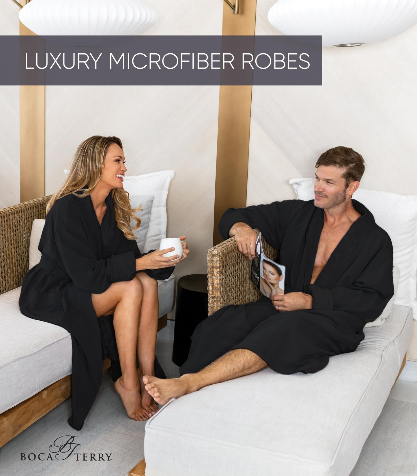 Boca Terry Mens Plush Robe, Big & Tall Bathrobe for Men, Warm Luxury Microfiber Robe - Medium, Black