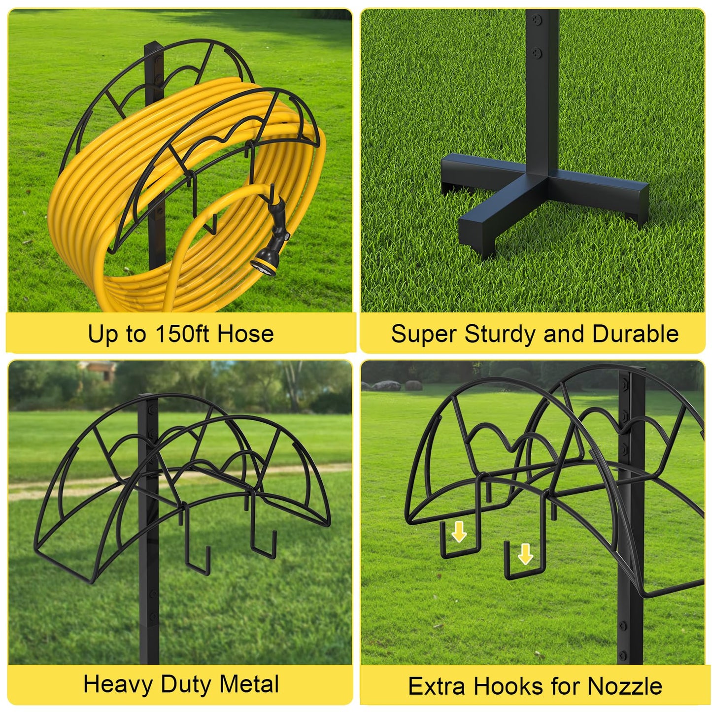 VyGrow Garden Hose Holder Freestanding, Heavy Duty Metal Water Hose Holders for Outside, Detachable Garden Hose Storage Stand Rack, Black