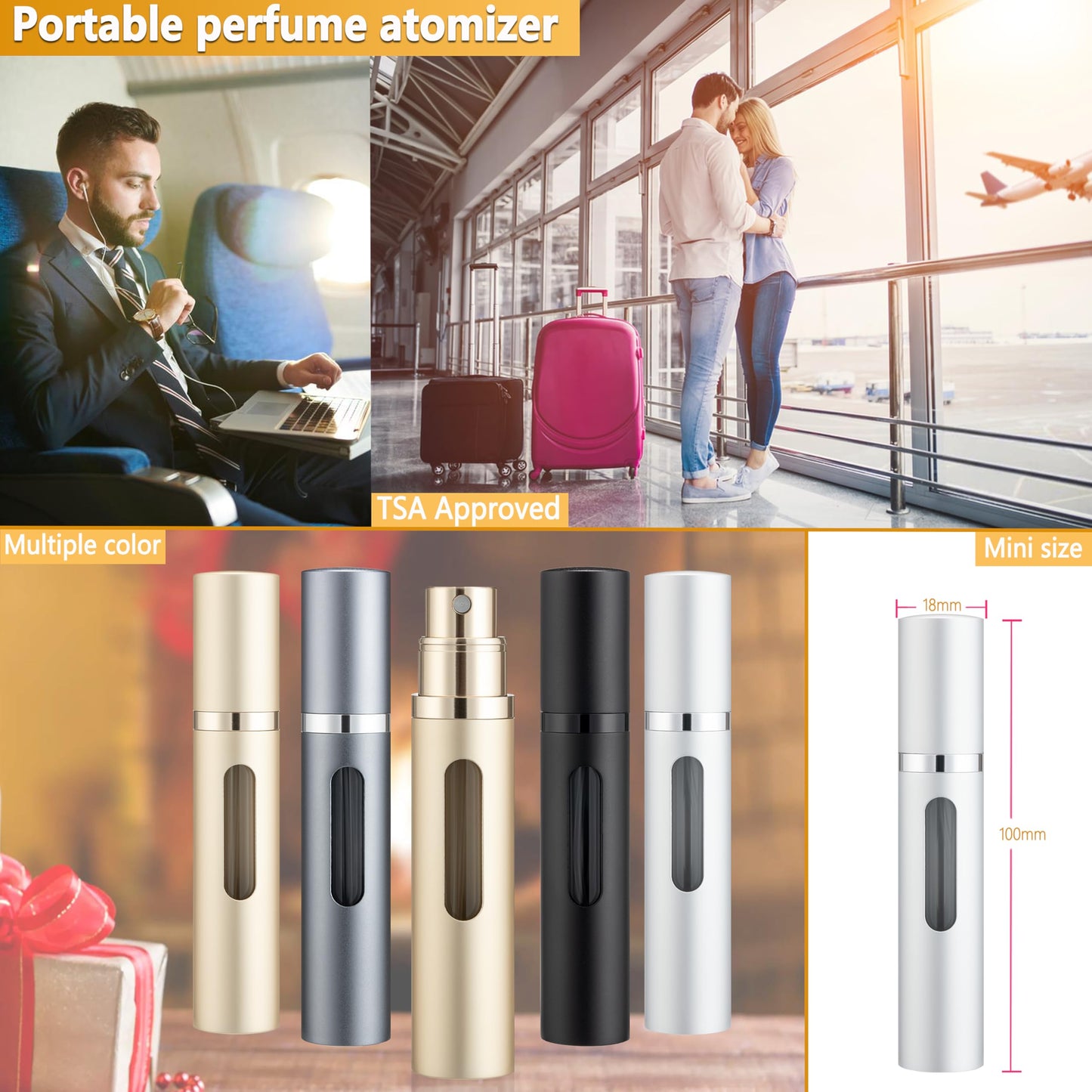 Travel Perfume Refillable Bottle Atomizer - 3-Pack 8ML ANTOKX Pocket Perfume Atomizer, Leakproof Perfume Bottle (Black & Gold & Silver)