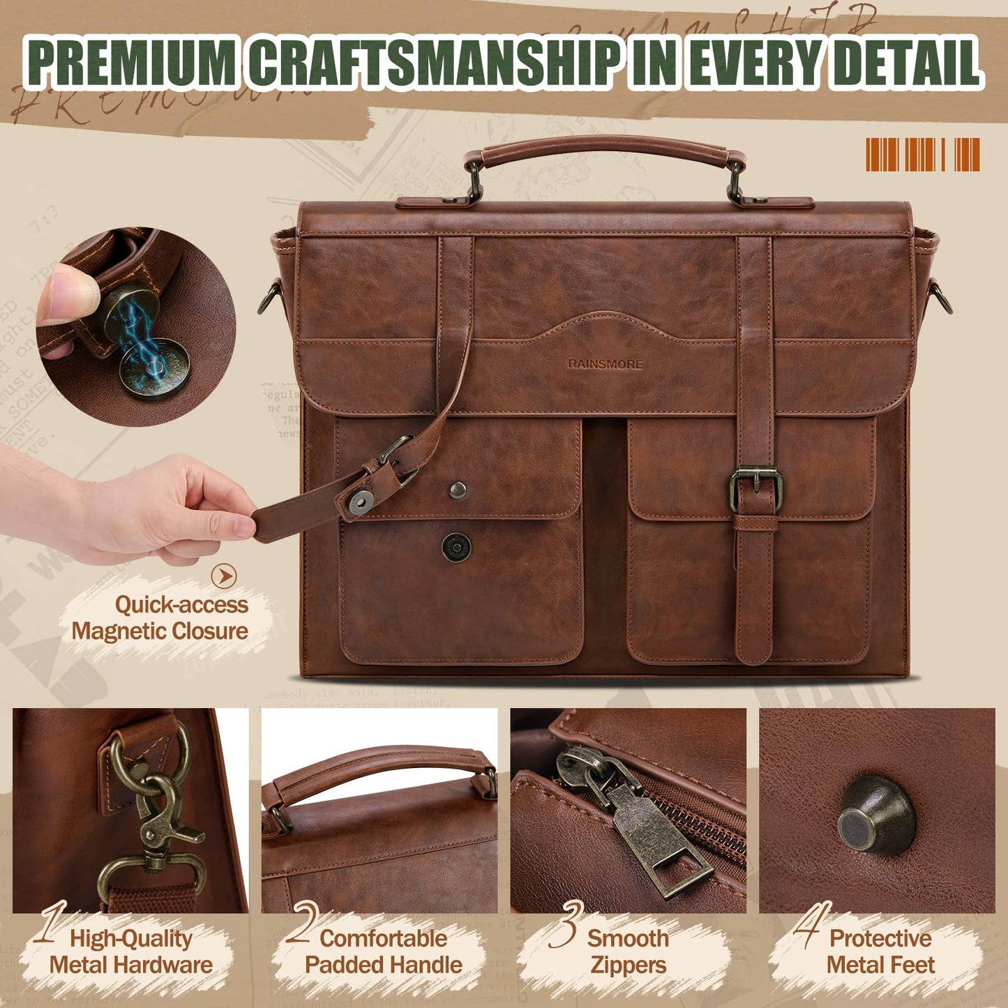RAINSMORE Mens Messenger Bag 17 Inch Leather Laptop Briefcase Satchel Computer Shoulder Bag for Business Travel Work College, Brown