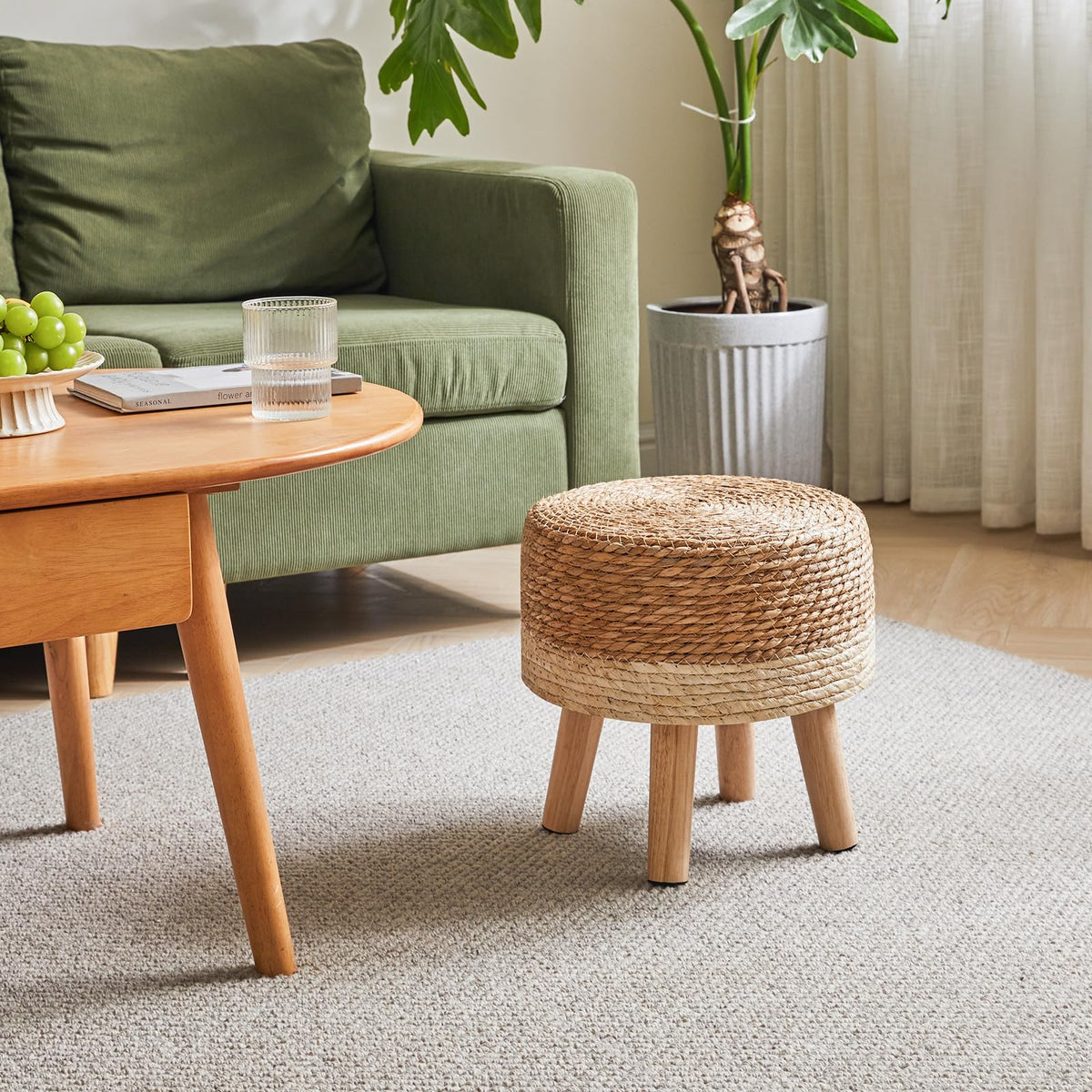 YMYNY Foot Stool Natural Seagrass Hand Weave, 12.6" Small Ottoman, Round Footrest for Living Room, Bedroom, Entryway, Change Shoes Stool, Non-Skid Wood Legs, Boho, Natural+White, UHBD027W