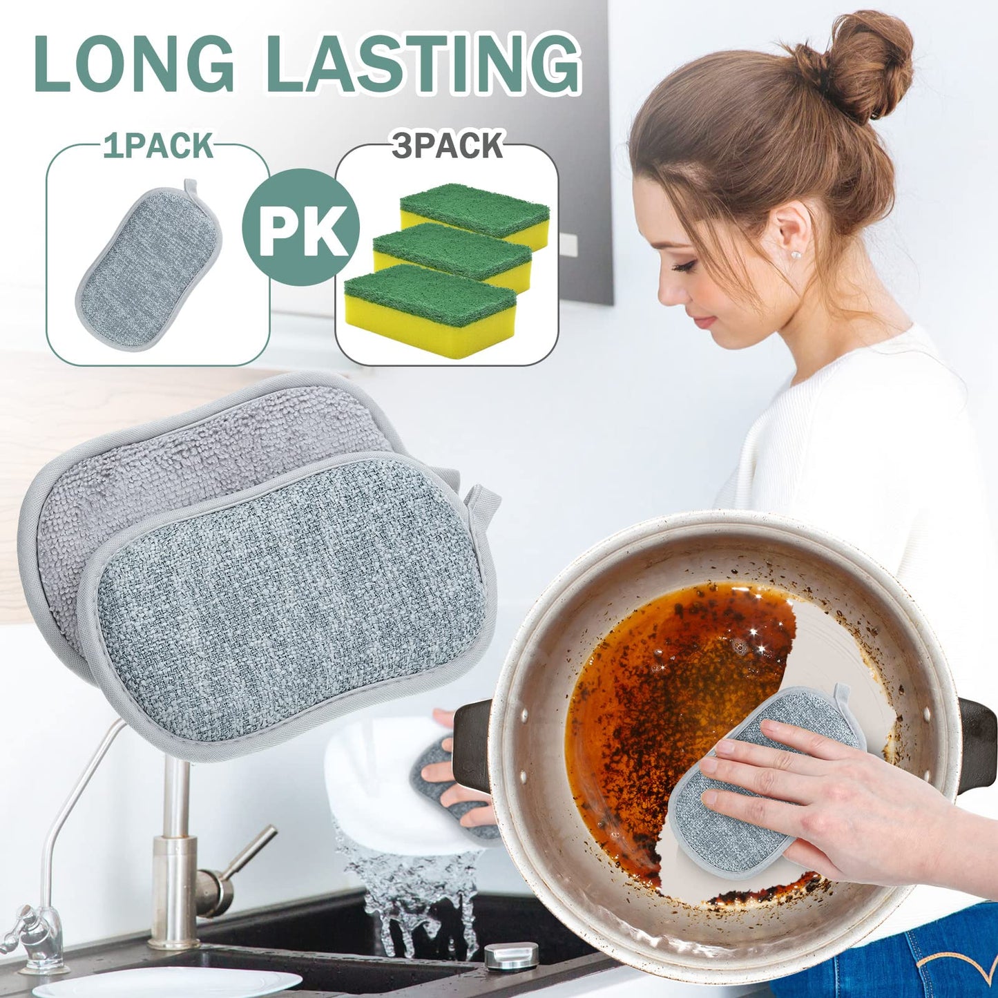 24 Pack Multi Purpose Scrub Sponges Non Scratch Microfiber Sponge Cleaning Dish Scrubber Reusable Dish Sponges for Washing Dishes Along with Heavy Duty Scouring Power for Household Cleaning, Grey