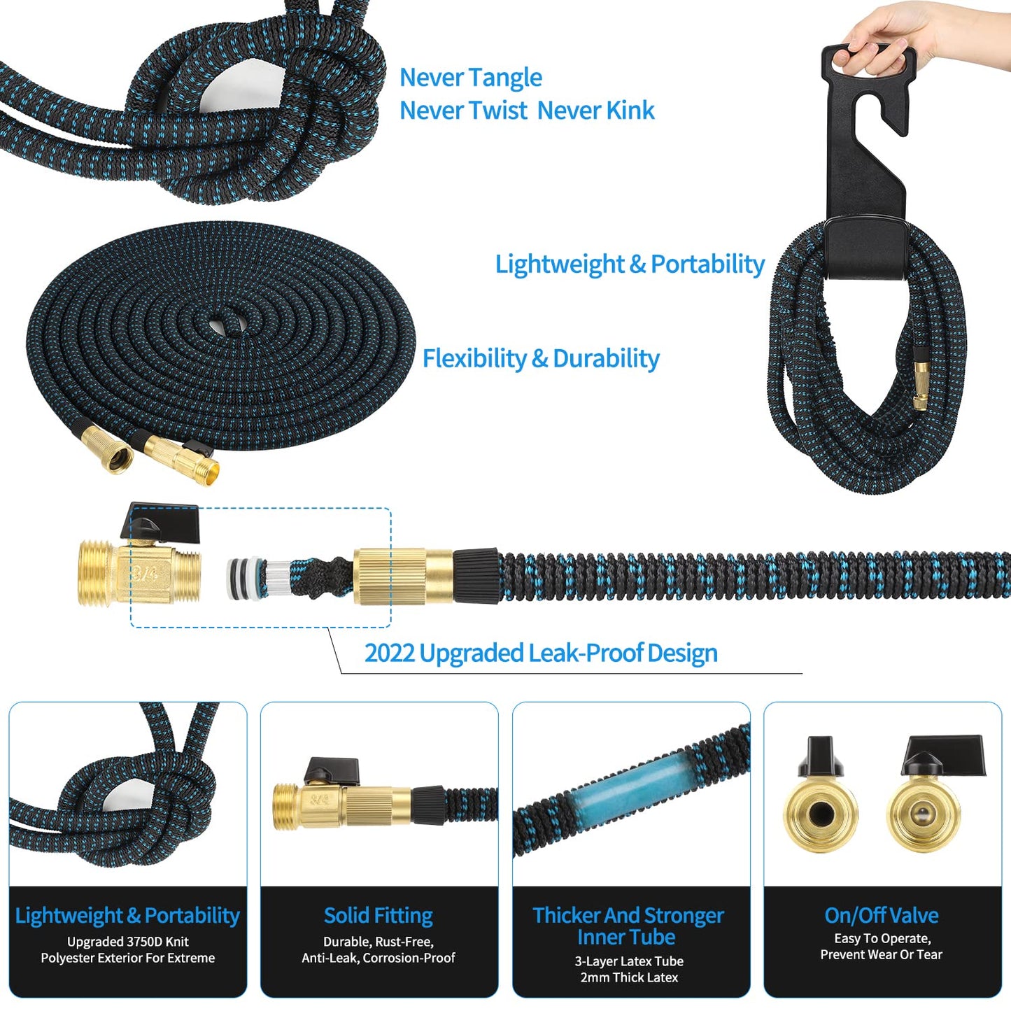 50 ft Expandable Garden Hose with 10 Spray Nozzle - Heavy Duty Superior Strength 3750D - 4 -Layer Latex Core - Expanding Water Hoses - Extra Strong Brass Connectors/Storage Bag