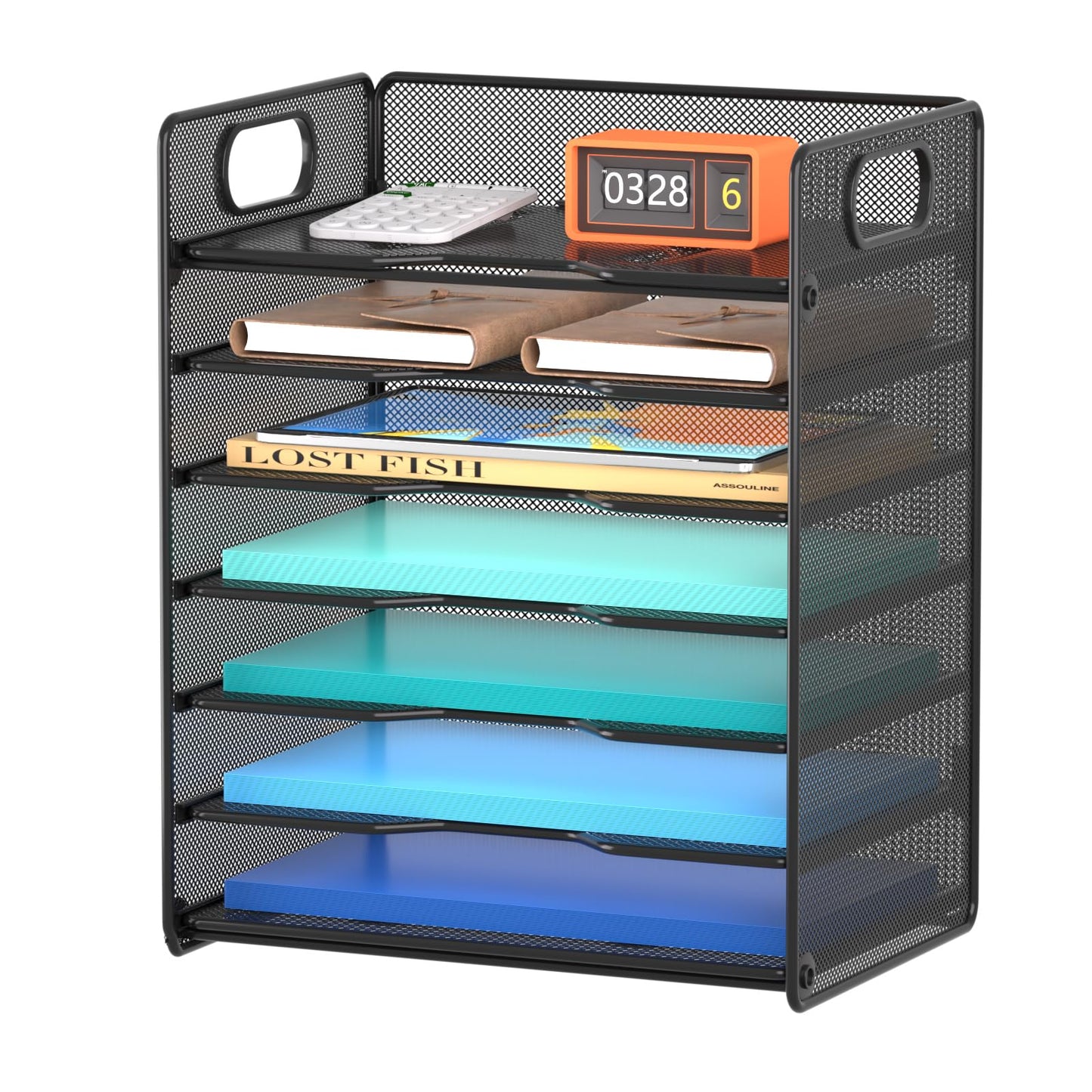 Samstar 7 Tier Paper Letter Tray, Mesh Desk File Organizer File Sorter Rack Shelves with Handles, Black