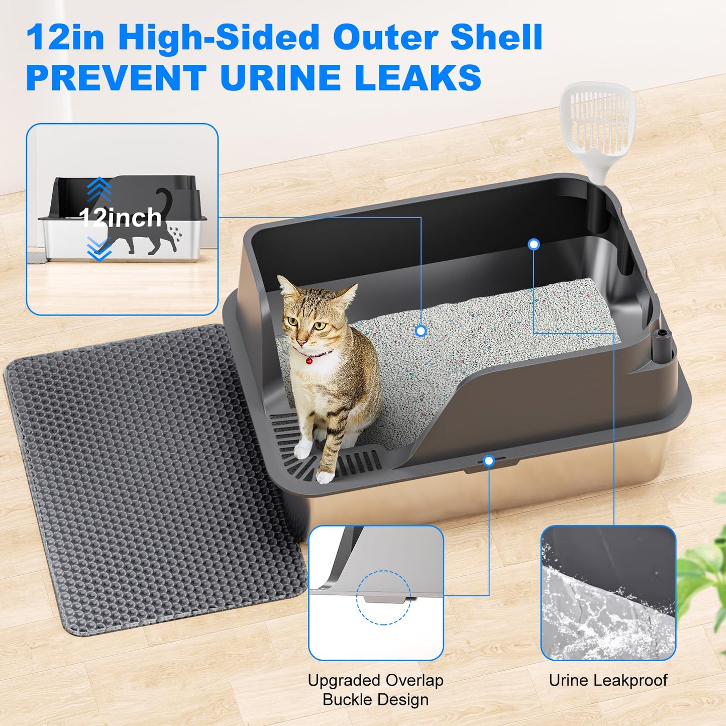 Stainless Steel Cat Litter Box with Lid, XL Litter Box for Big Cats, High Sided Metal Pan, Anti Leakage,Odor-Free & Easy Cleaning,Included Scoop &Trash Bag*2 & Mat & Sticker (Grey)