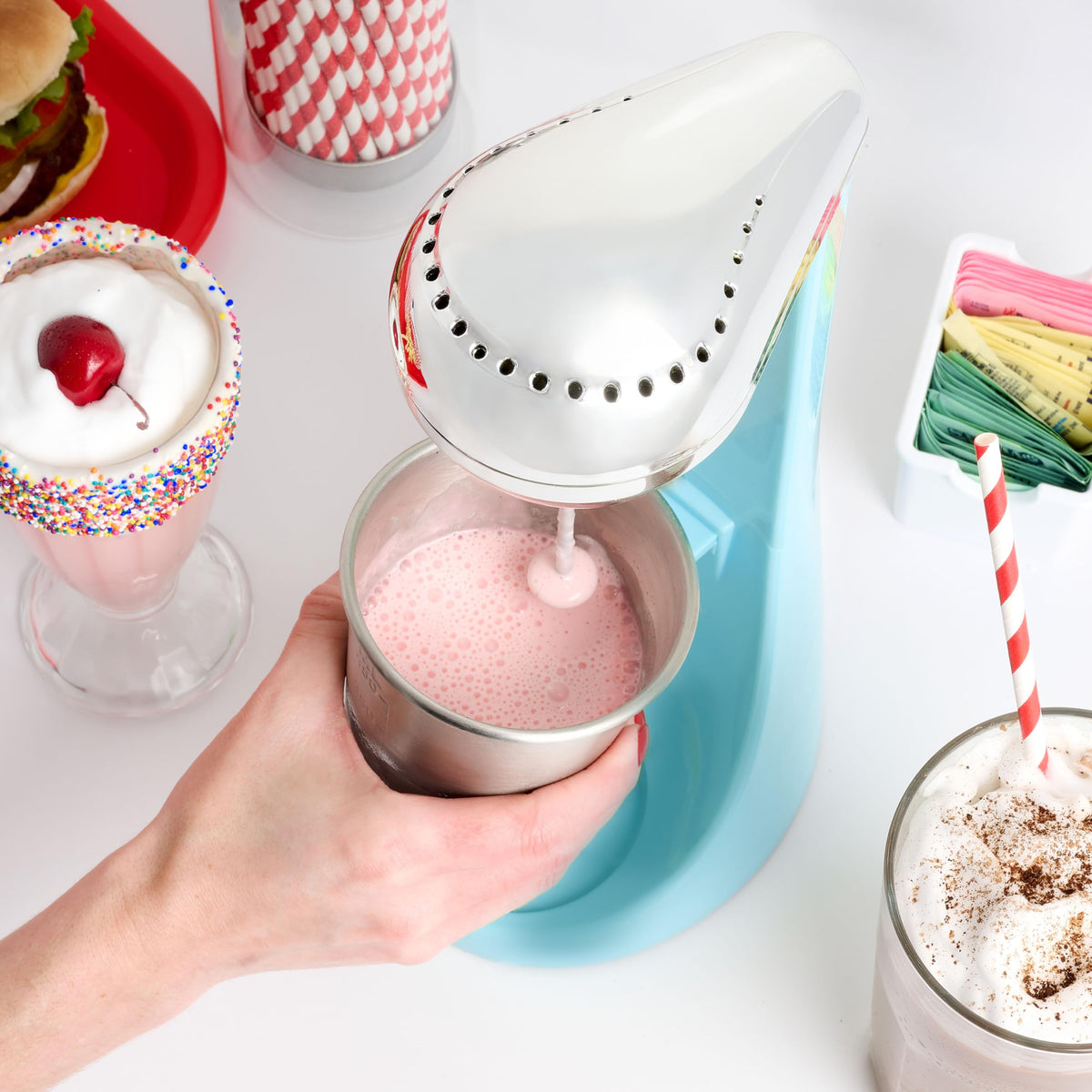 Nostalgia Two-Speed Electric Milkshake Maker and Drink Mixer, Includes 16-Ounce Stainless Steel Mixing Cup & Rod, Blue
