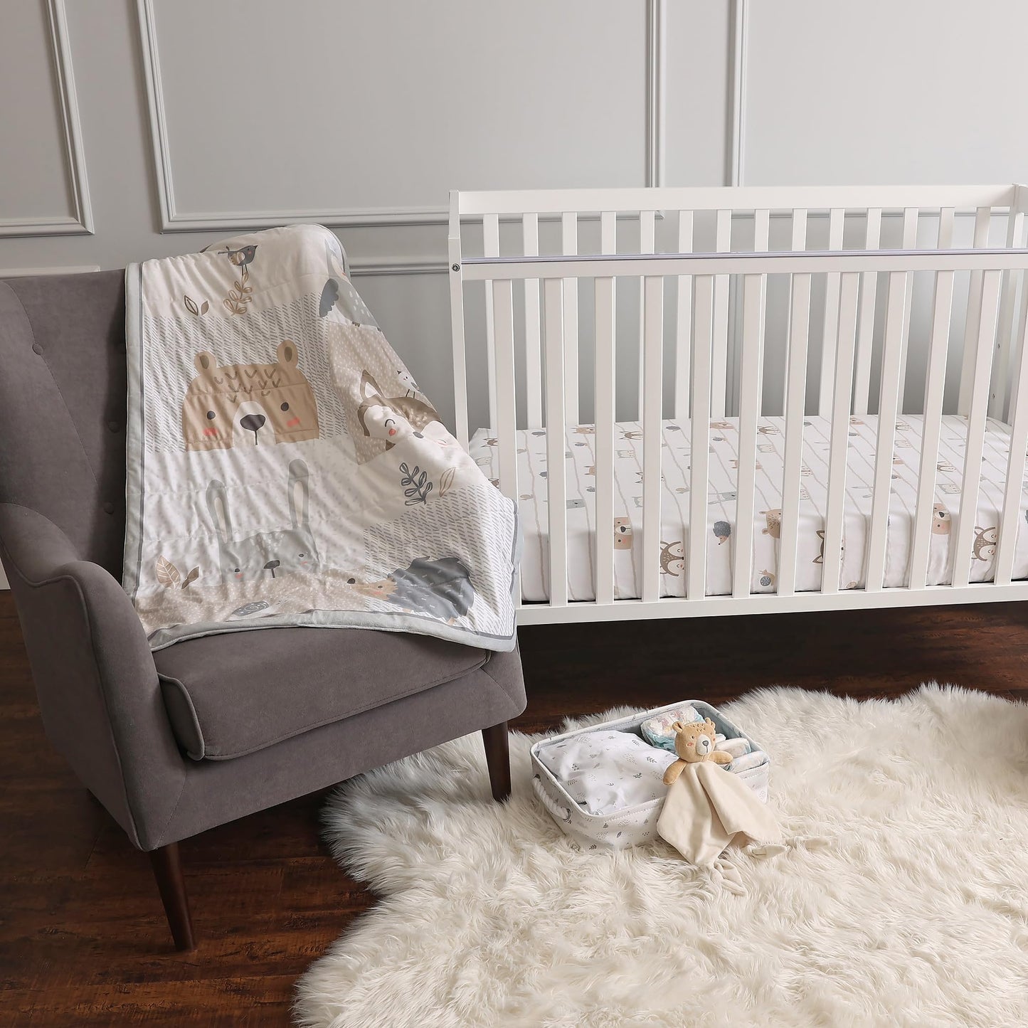 5 Piece Crib Bedding Set, Woodland EXPRESSIONS Includes Reversible Milestone Baby Blanket, 2 Standard Fitted Crib Sheets, Security Blanket & Storage Tote