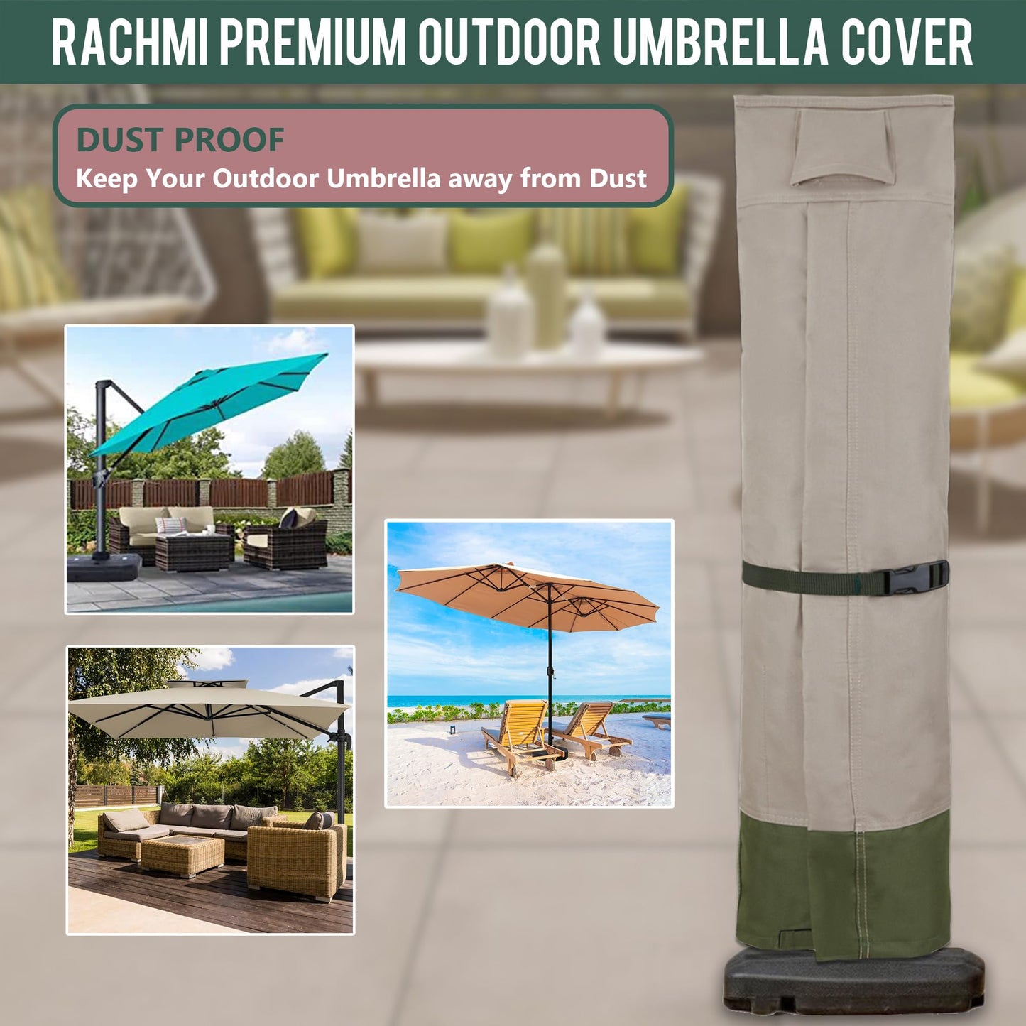 Rachmi Patio Cantilever Umbrella Cover for 9-13 Ft Umbrellas, 600D Water-resistant UV & Fade Resistant Cover Fits Round / Square Outdoor Garden Offset Parasol with Zipper & Rod, Khaki-Green